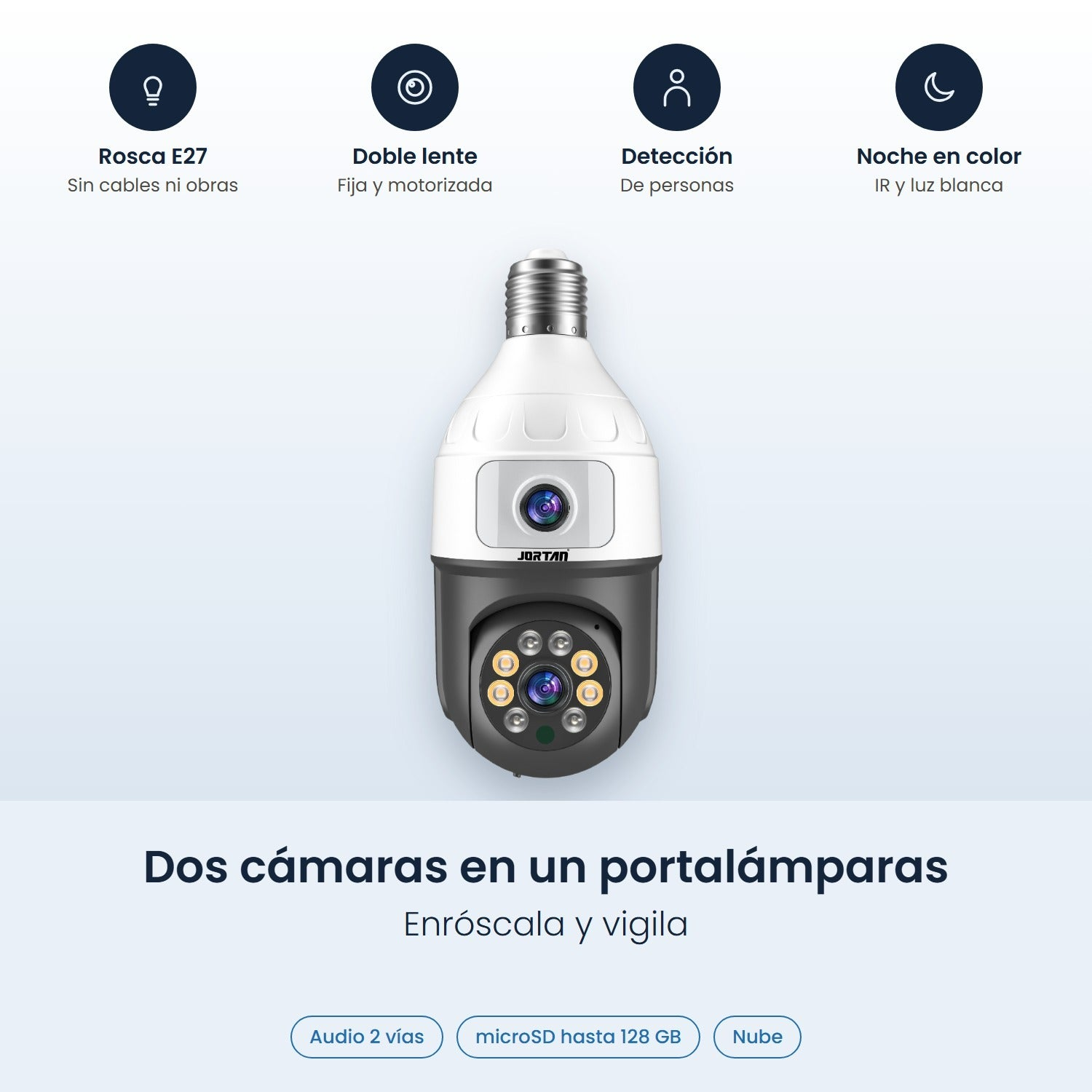 Una telecamera di sicurezza a forma di lampadina bianca e grigia con doppia ottica e icone di funzione.