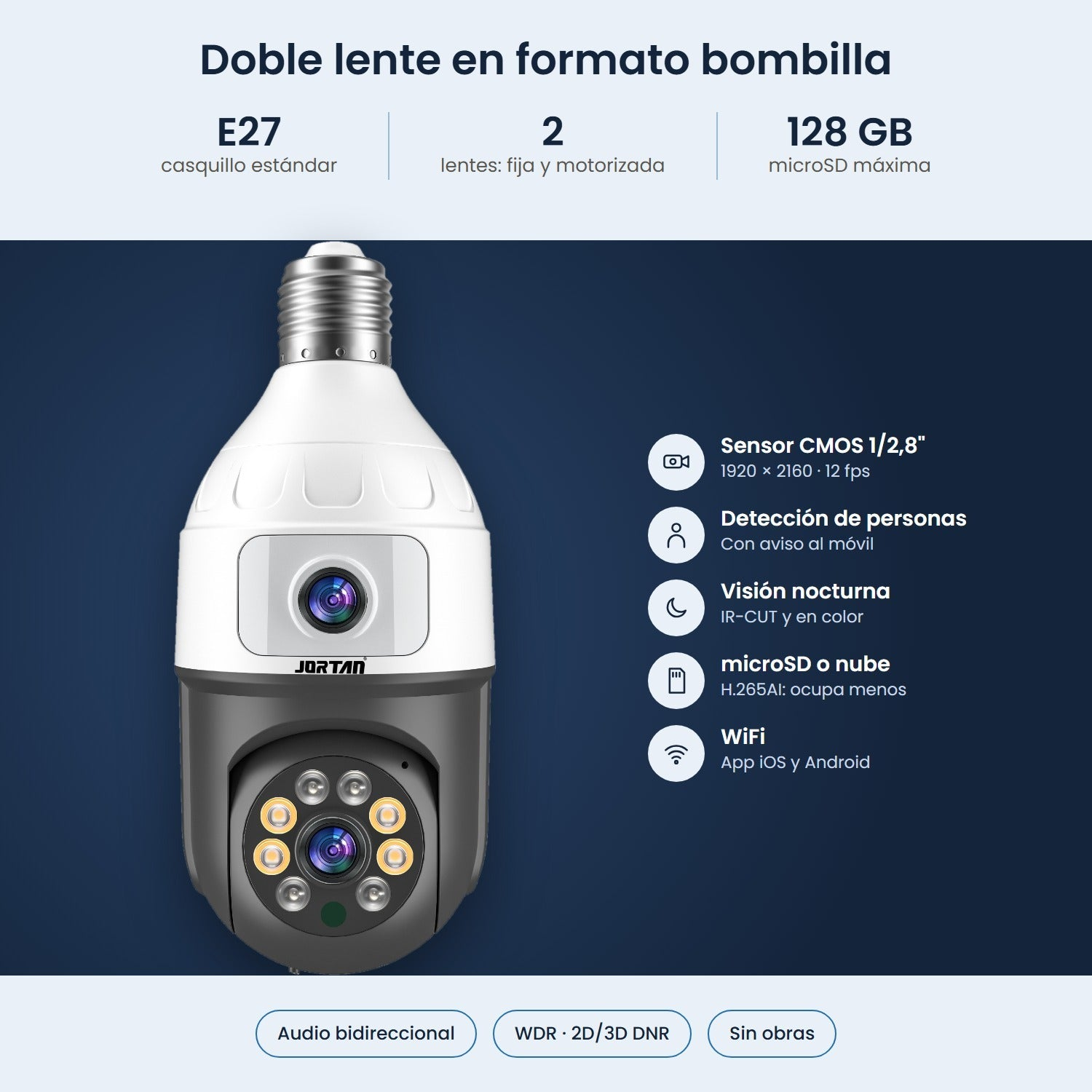 Grafica di prodotto di una telecamera di sicurezza a bulbo bianca e grigia con specifiche tecniche.