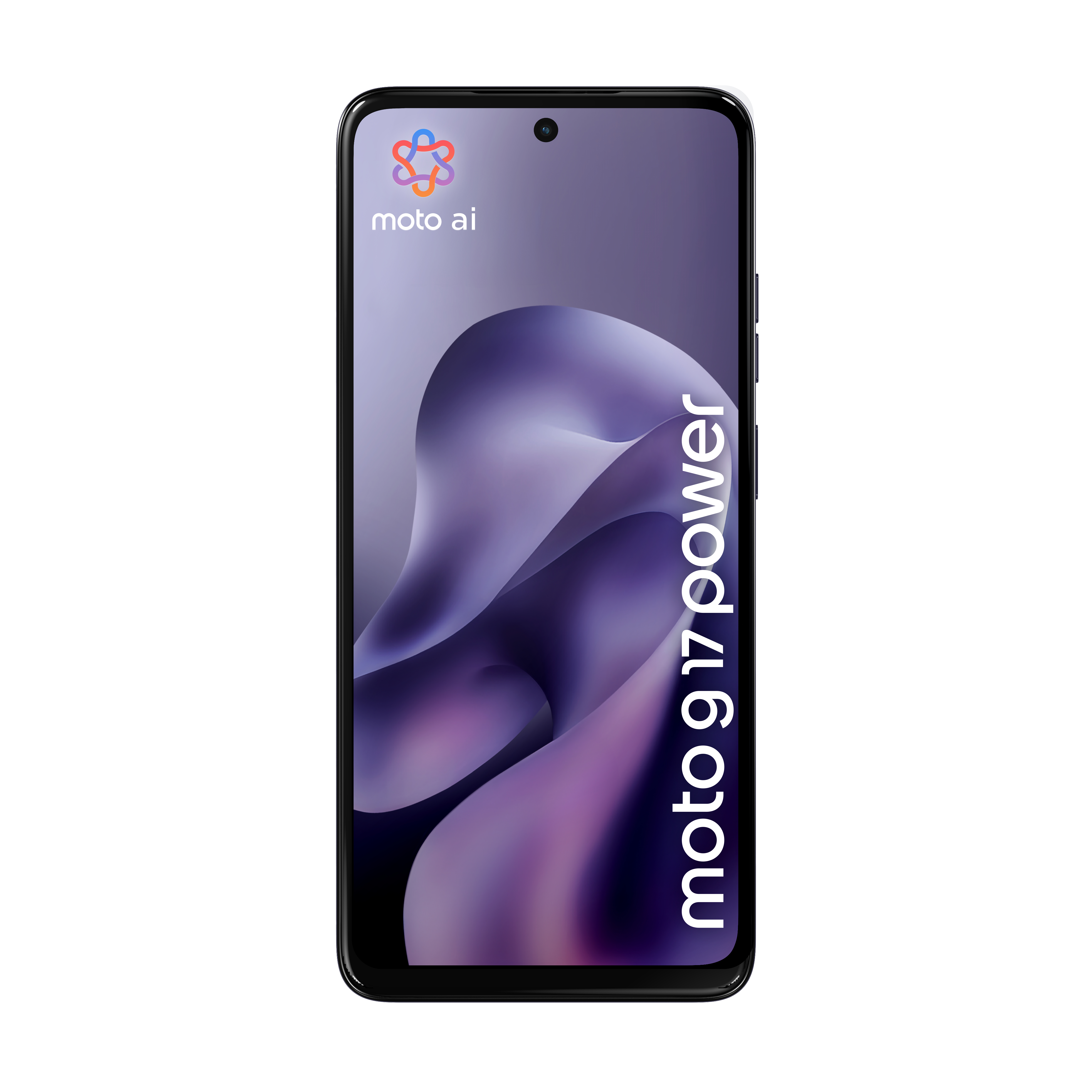 A black smartphone displays a purple abstract wallpaper, the text "moto g17 power" and a "moto ai" logo.