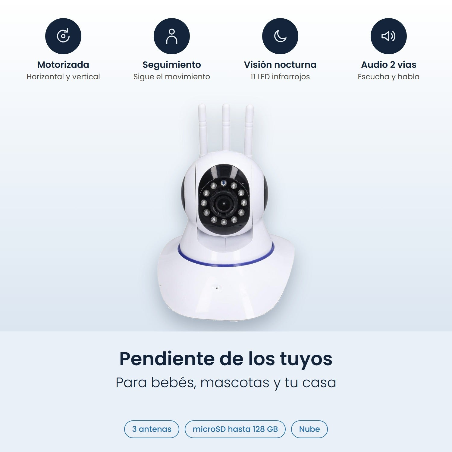 Cámara de seguridad blanca con tres antenas, visión nocturna infrarroja y audio bidireccional.