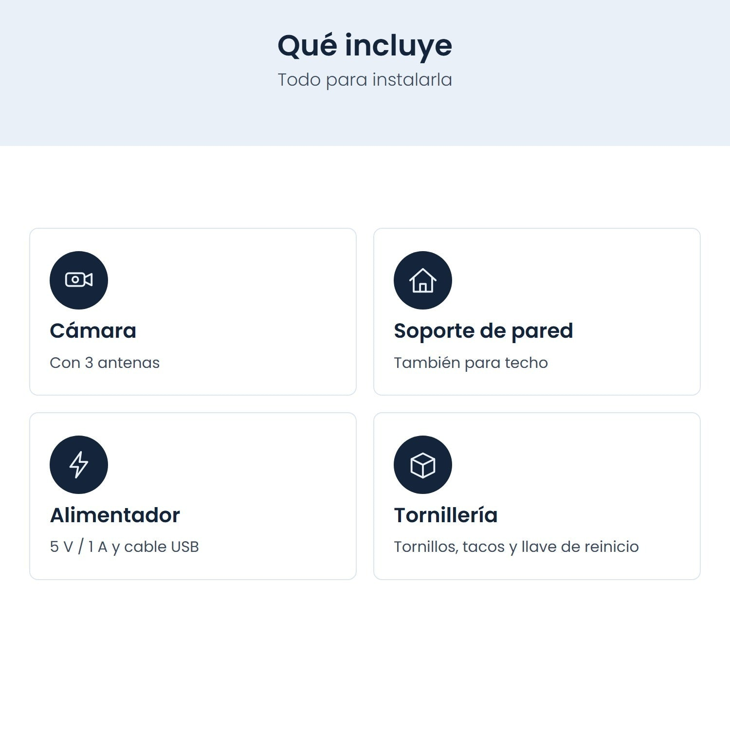 Contenido del paquete con cámara, soporte de pared, alimentador y tornillería.