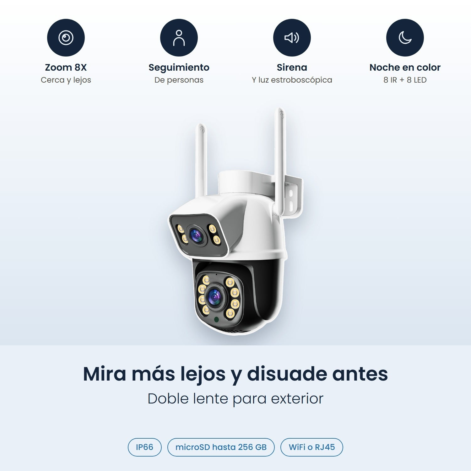 Cámara de seguridad exterior con doble lente, antenas y funciones como zoom, visión nocturna y sirena.
