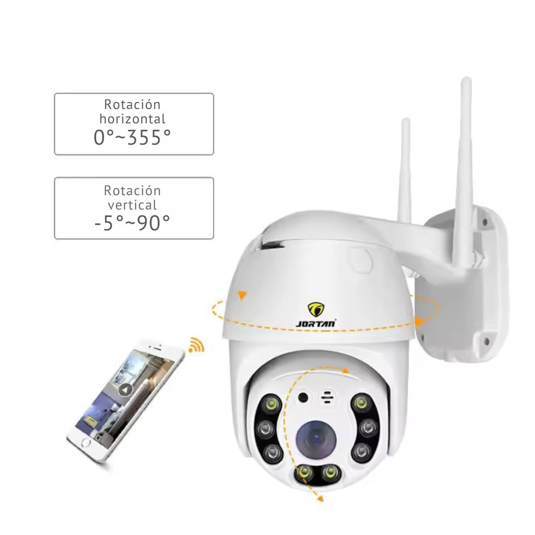 Cámara de seguridad Wi-Fi blanca con dos antenas, especificaciones de rotación y conexión móvil.