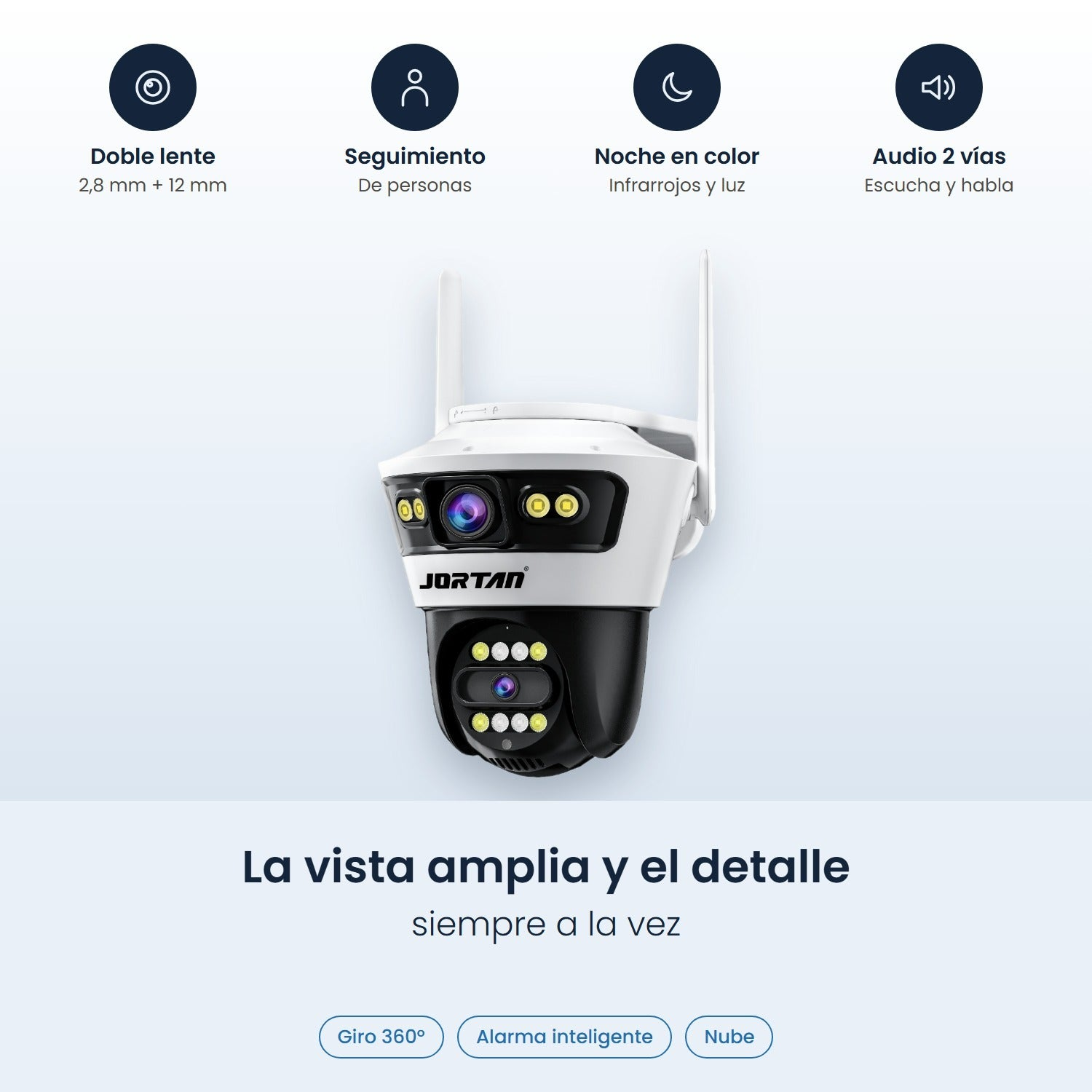 Cámara de seguridad blanca y negra con doble lente, antenas e iconos que muestran visión nocturna y audio.