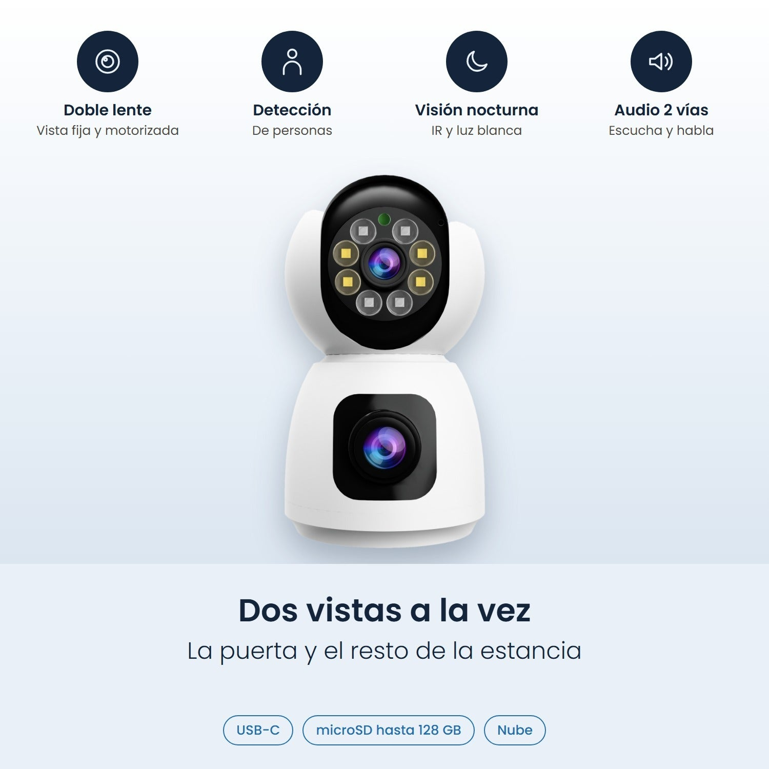 Cámara de seguridad blanca de doble lente con detección de personas, visión nocturna y audio bidireccional.