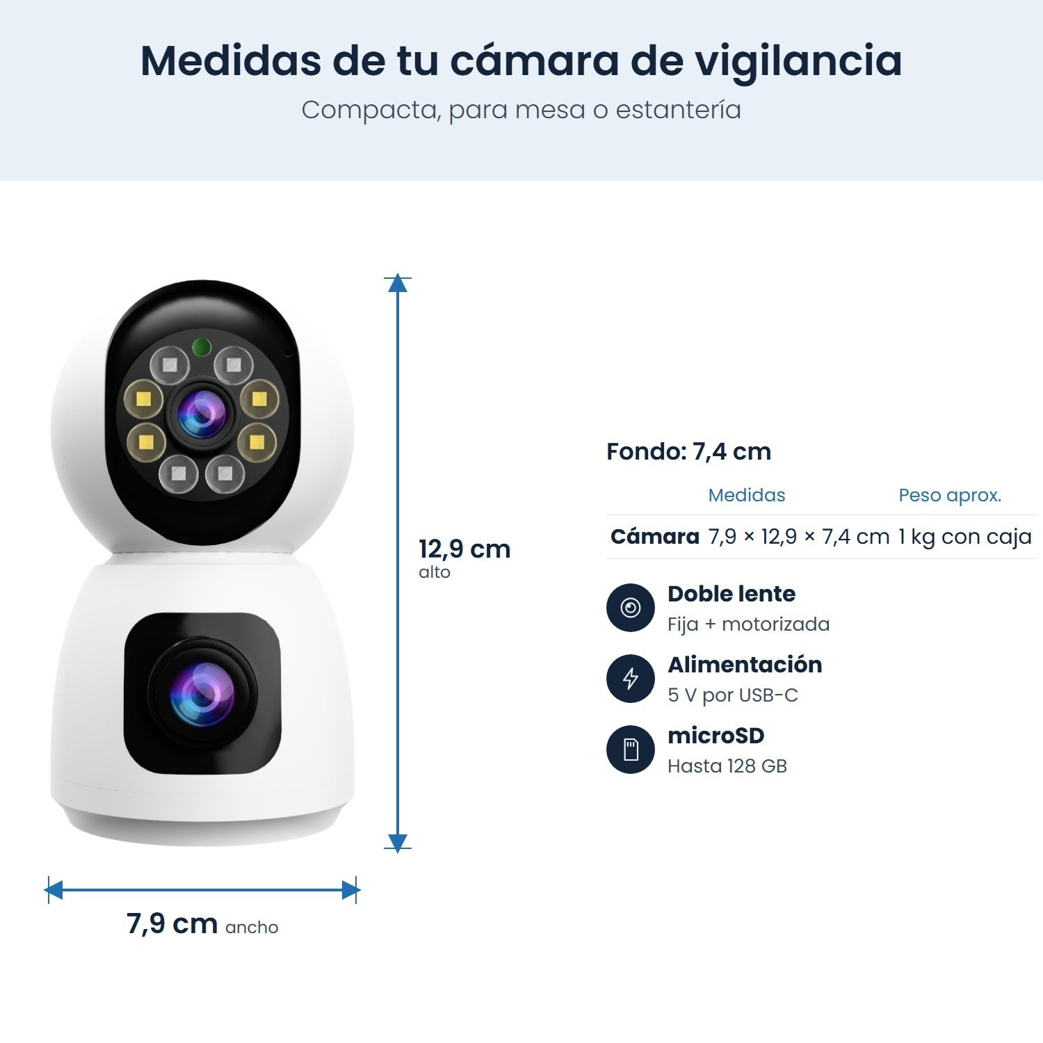 Especificaciones técnicas y dimensiones de una cámara de seguridad blanca de doble lente.