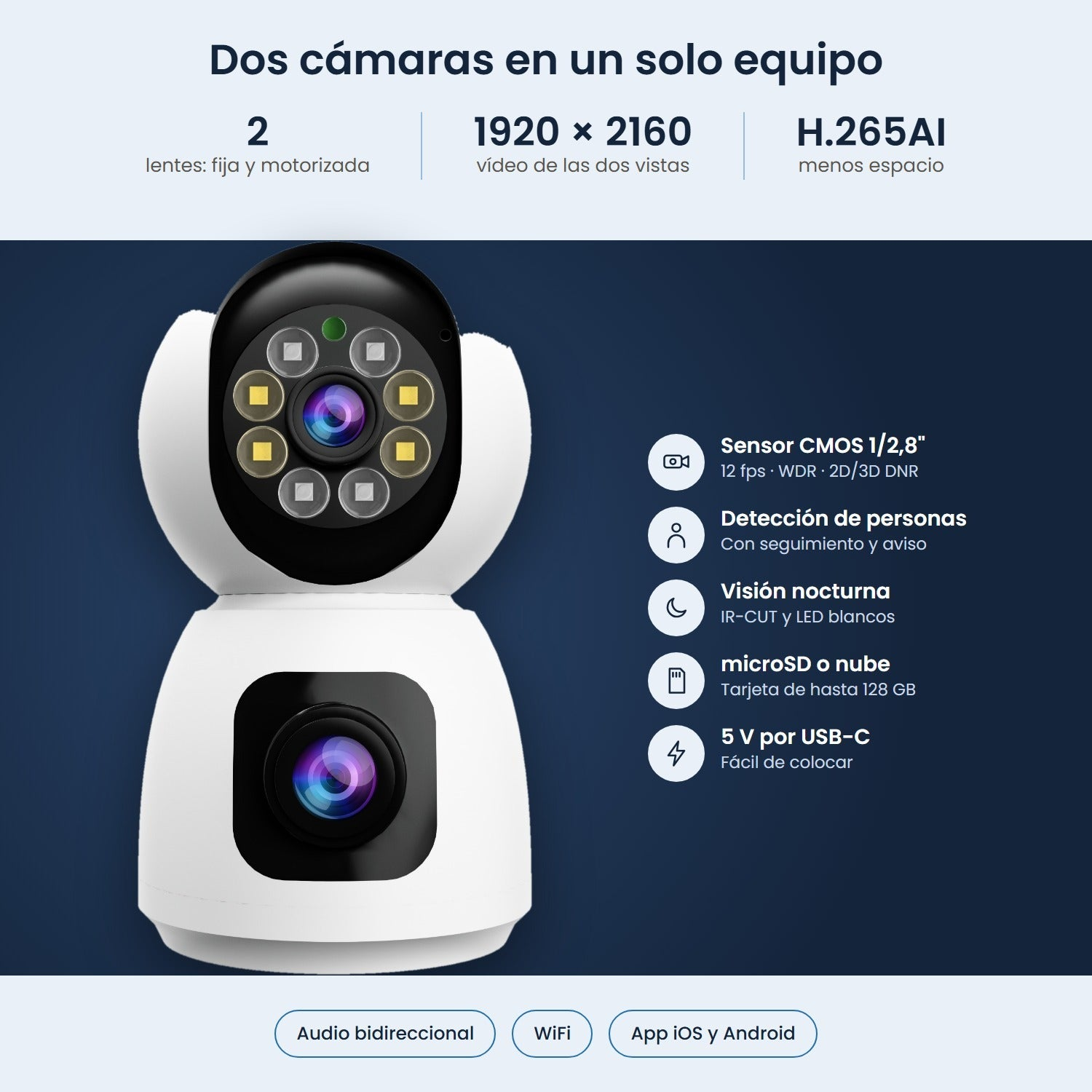 Imagen promocional de una cámara de seguridad blanca con dos lentes, funciones y fondo azulado.