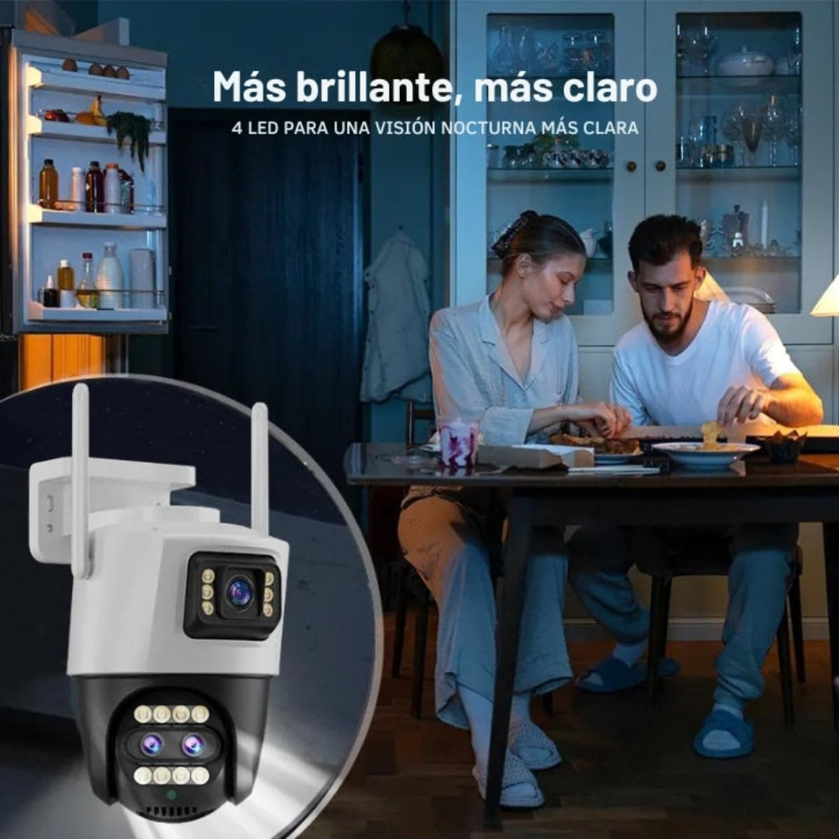Una cámara de seguridad blanca con LEDs en primer plano y una pareja comiendo en una mesa dentro al fondo.