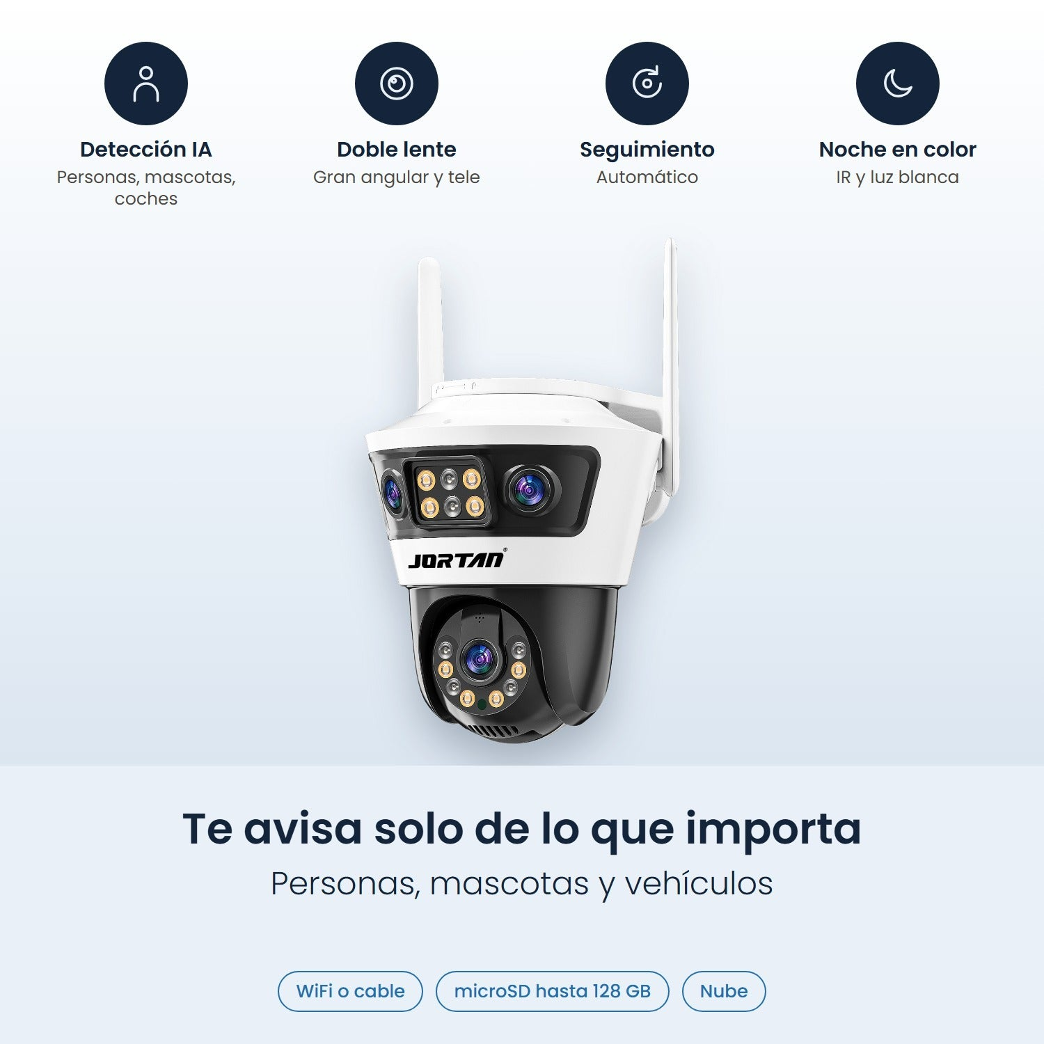 Cámara de seguridad de doble lente Jortan con detección de IA, doble antena y visión nocturna.
