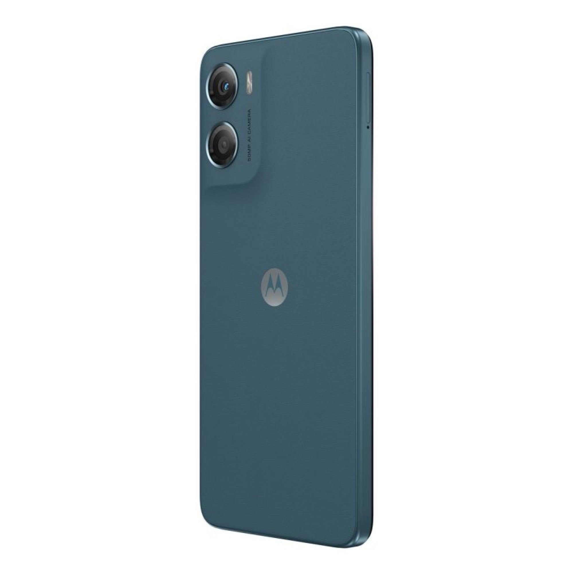 Tył niebieskiego smartfona Motorola z dwoma aparatami i logo Motorola.