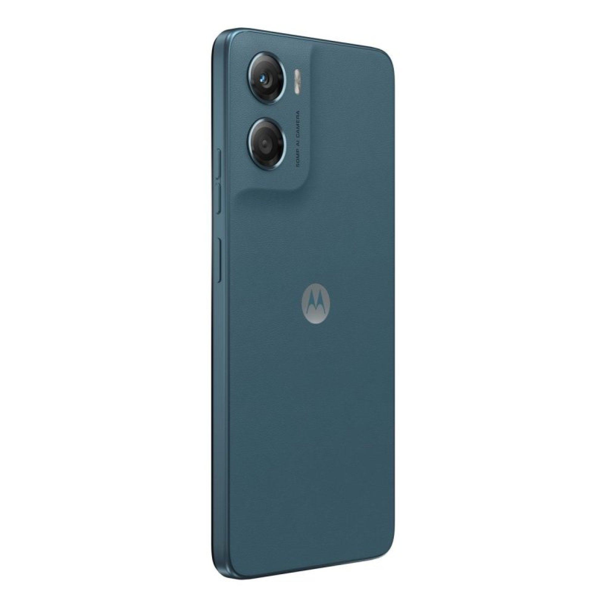 Tył niebieskiego smartfona Motorola z dwoma pionowymi aparatami i logo.