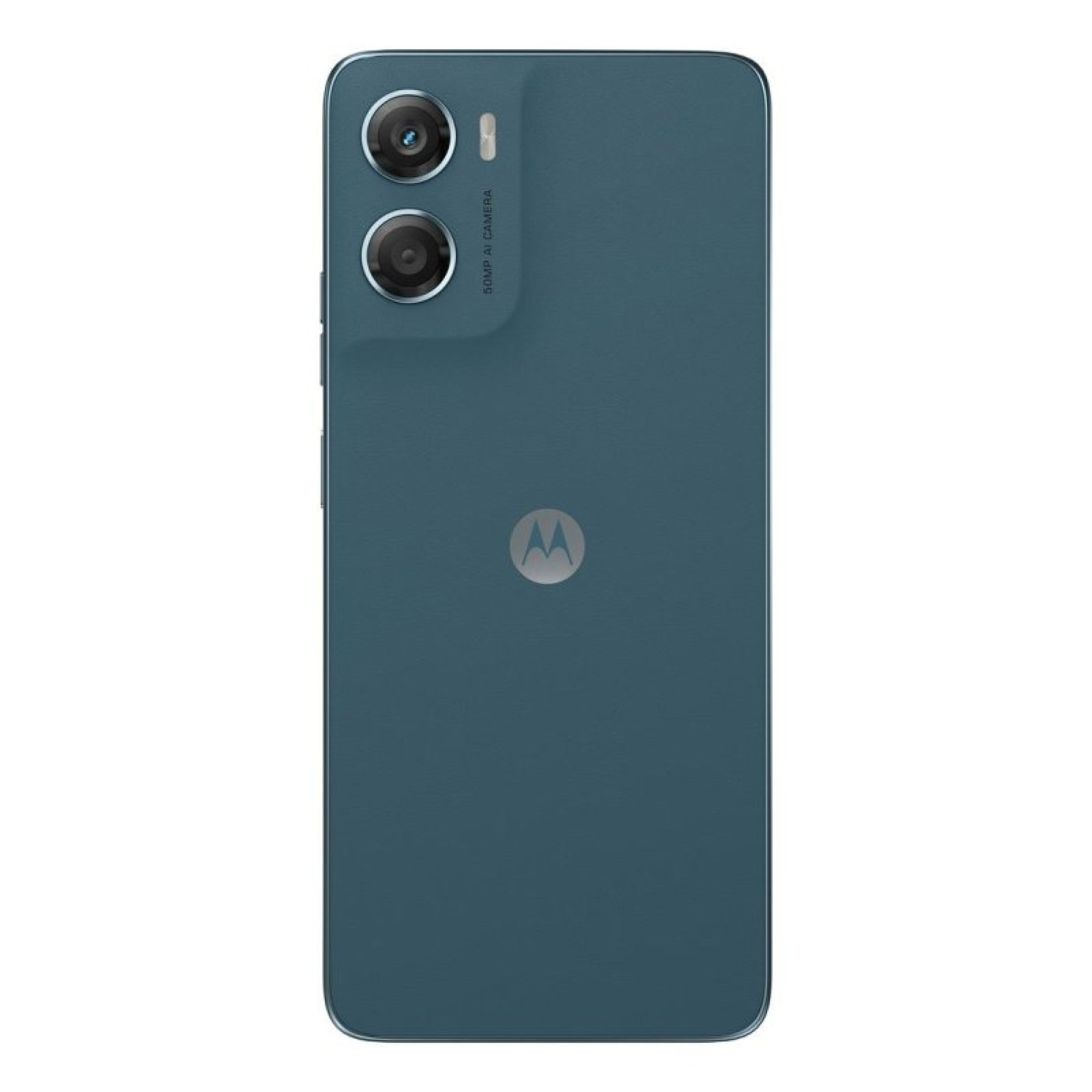 Tył niebieskiego smartfona Motorola z dwiema aparatami i logo.
