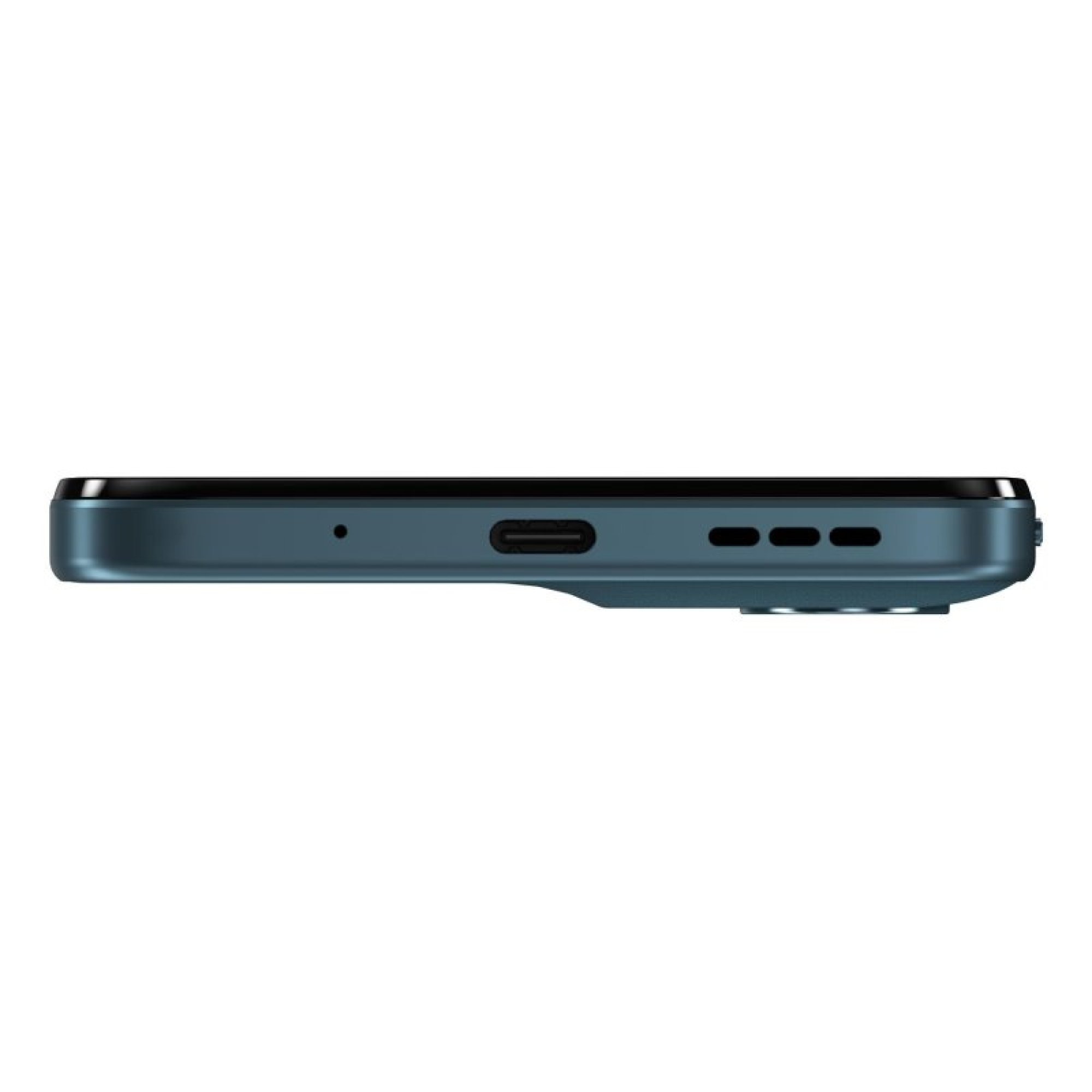 Widok od dołu niebieskiego smartfona z portem USB-C, mikrofonem i głośnikiem na białym tle.