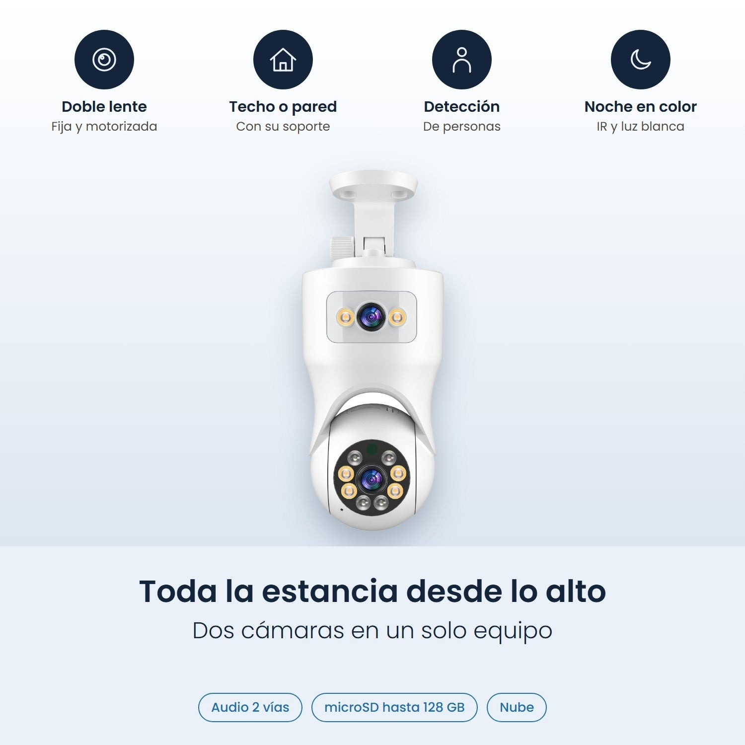 Cámara de seguridad blanca de doble lente con soporte e iconos de funciones sobre fondo azul claro.
