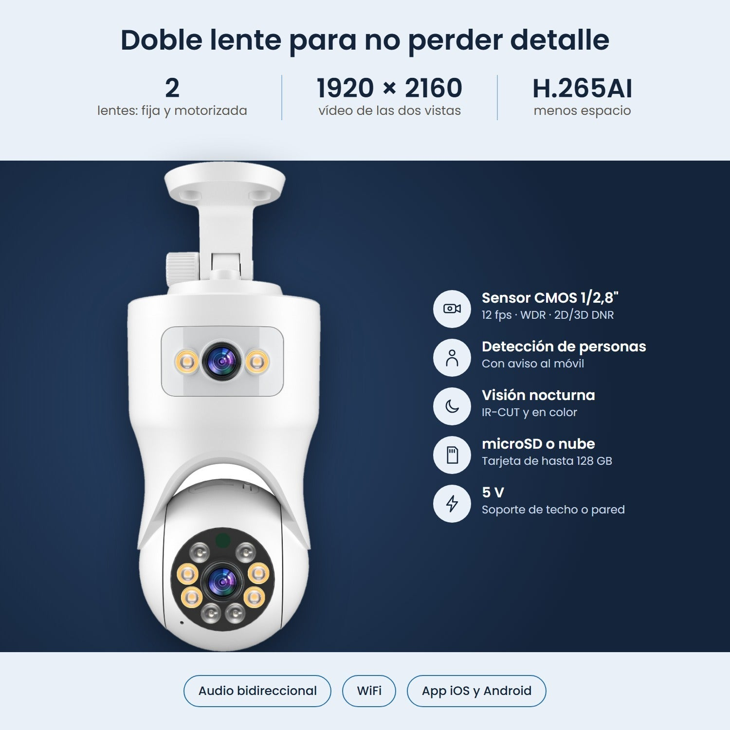 Cámara de seguridad blanca de doble lente sobre fondo azul con detección de personas.