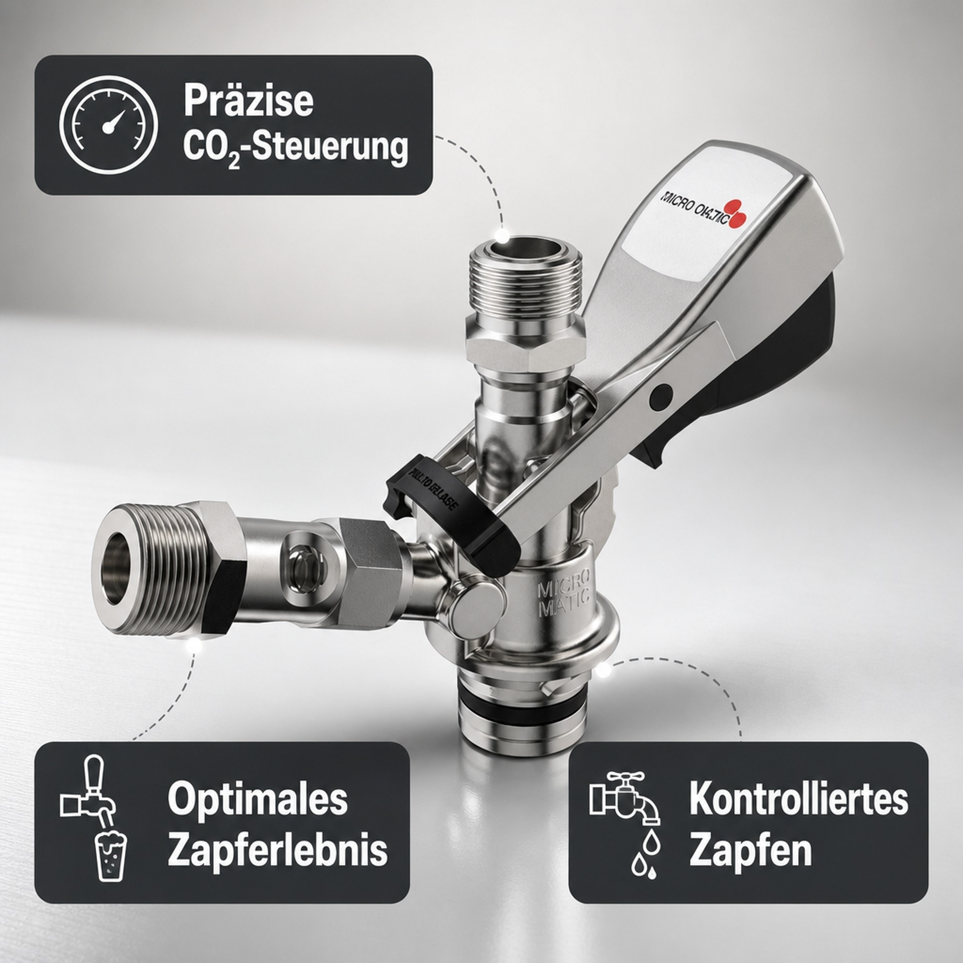 Metall-Zapfkopf mit Erklärungen für präzise CO2-Steuerung, optimales Zapferlebnis und kontrolliertes Zapfen.