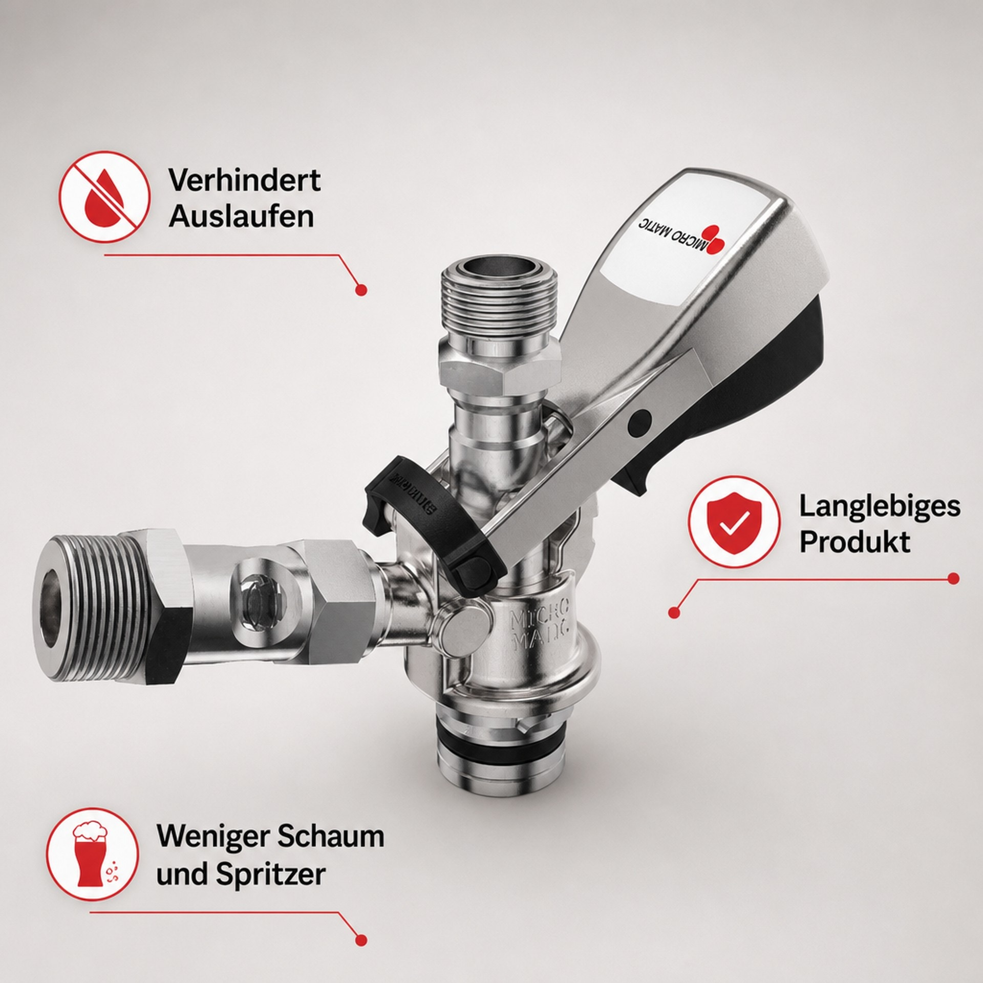 Ein Micro Matic Bierzapfhahn aus Metall mit deutschen Funktionslabels zu Auslaufschutz, Langlebigkeit und Schaumreduzierung.
