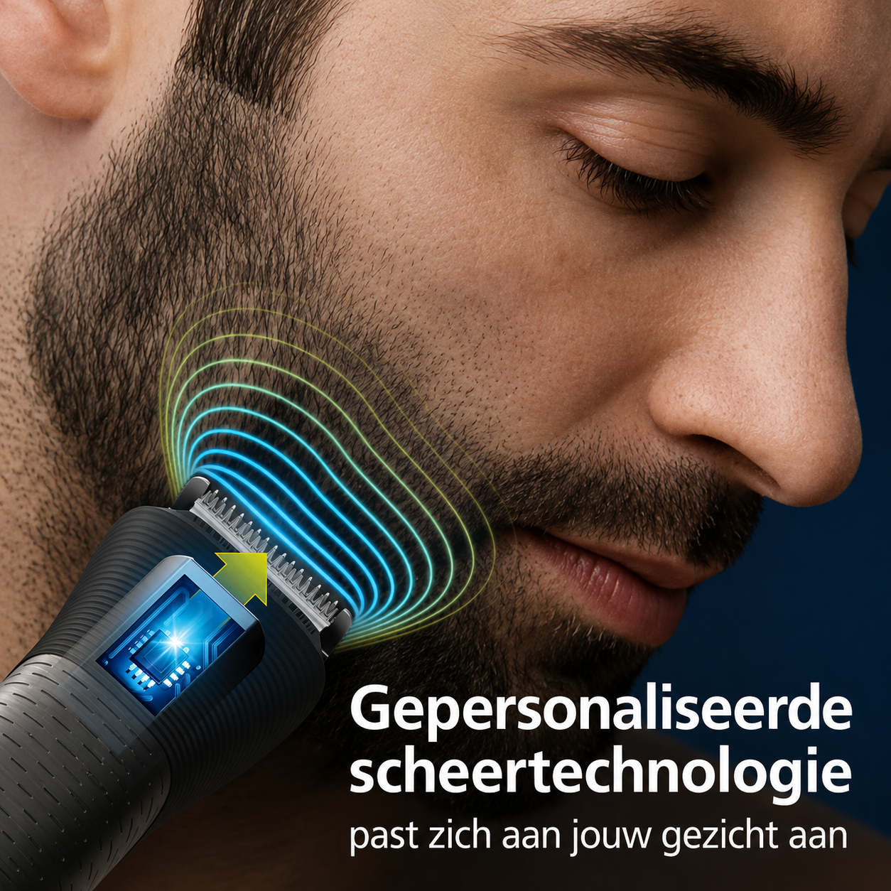 Ein Mann rasiert sich den Bart mit einem intelligenten Rasierapparat, der blau leuchtende Wellen aussendet.