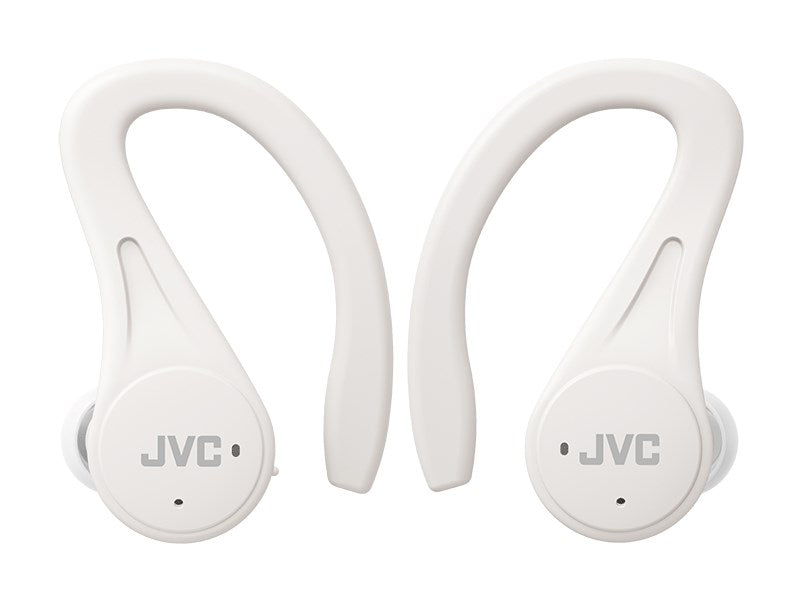 Weiße JVC In-Ear-Kopfhörer mit Ohrbügeln auf weißem Hintergrund.