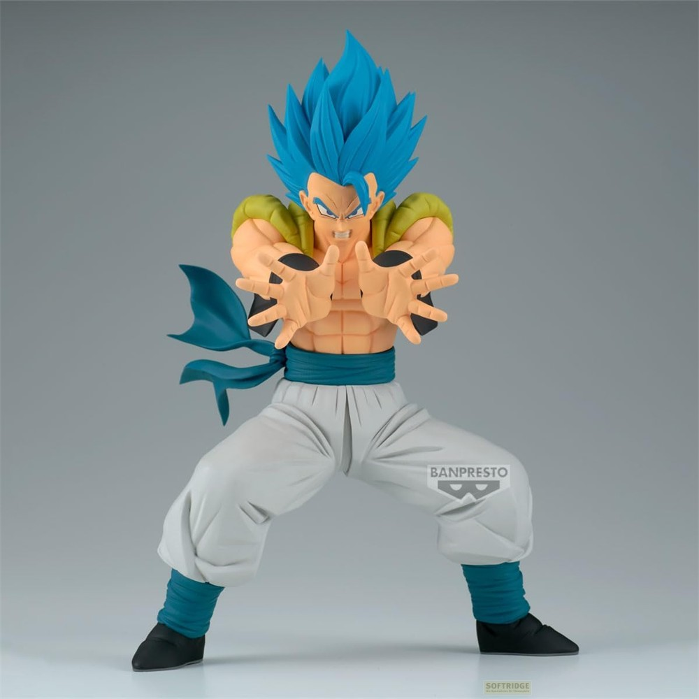 Figurka Super Saiyan Blue Gogety w pozycji bojowej na szarym tle.
