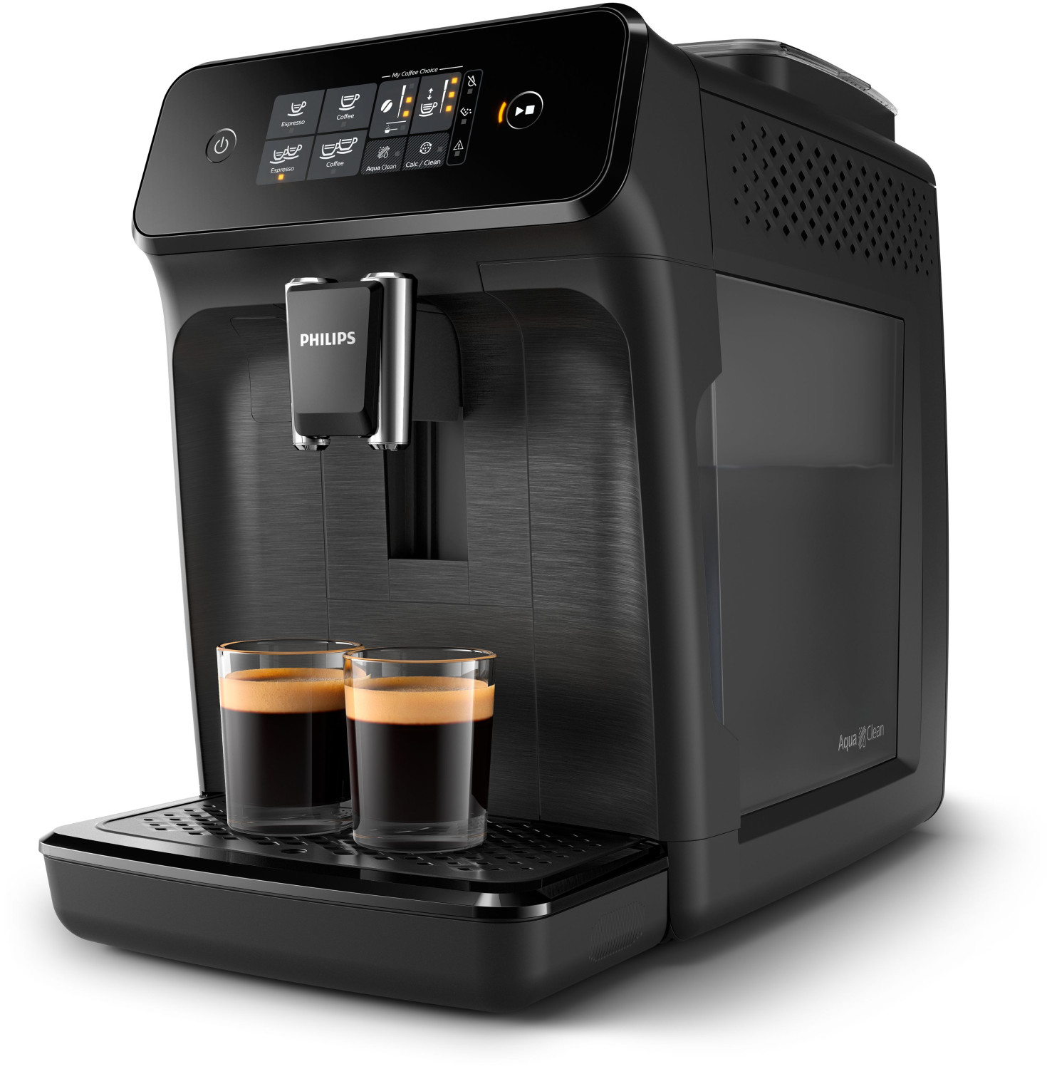 Cafetera Philips negra con pantalla táctil llenando dos tazas de espresso en la bandeja.