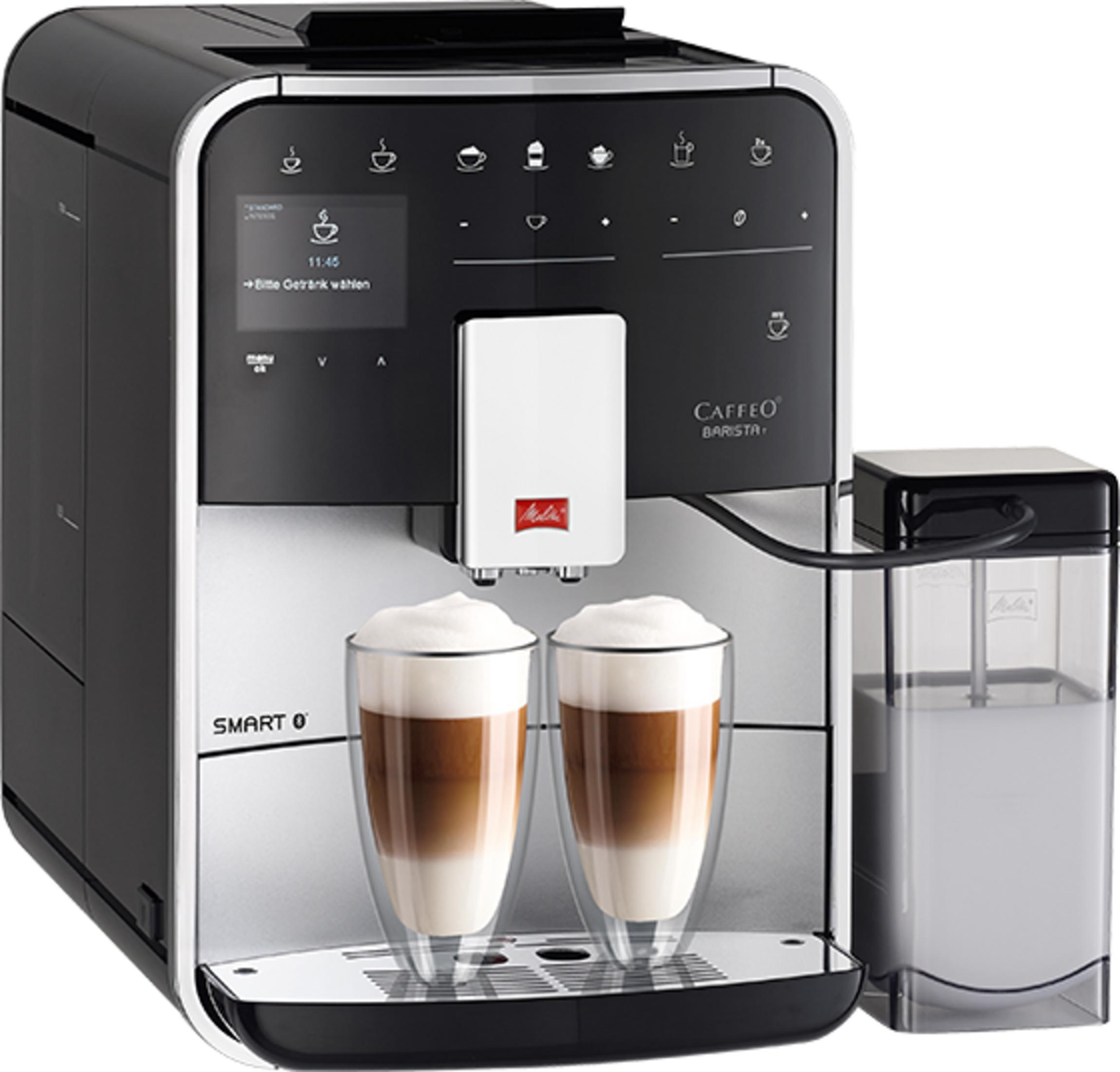 Black and silver Melitta Caffeo Barista Smart coffee machine with two latte macchiato glasses.