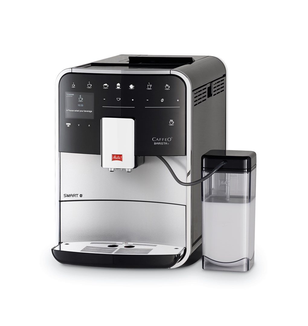 A silver and black Melitta Caffeo Barista T Smart coffee machine with an attached milk container on the right.