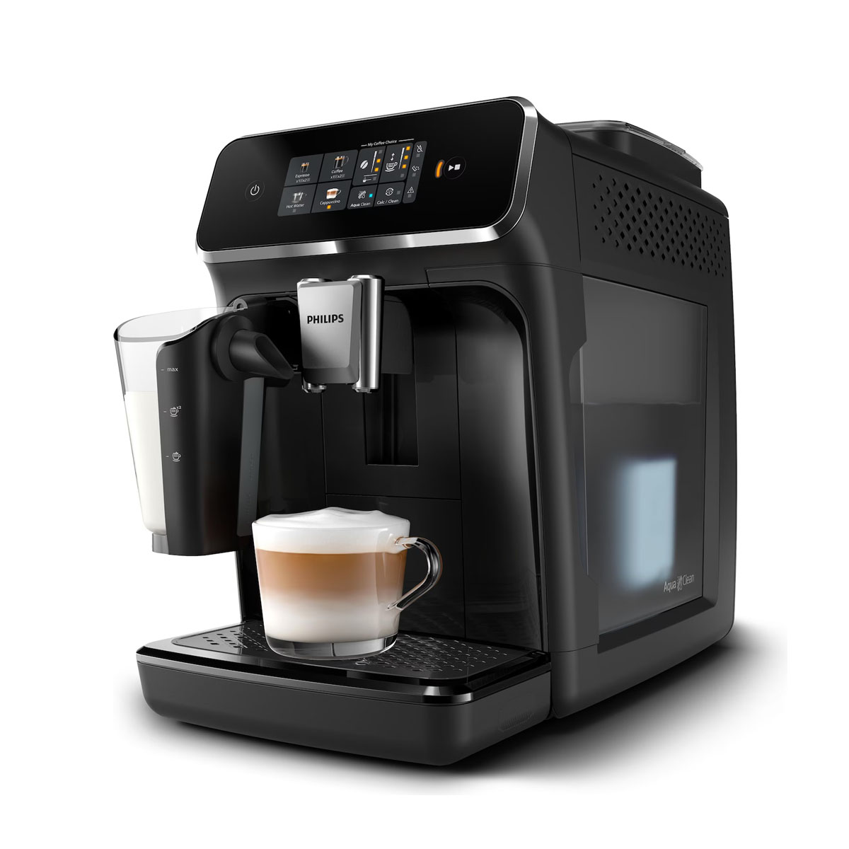 Macchina da caffè Philips nera con display touch, caraffa per il latte e tazza di cappuccino.
