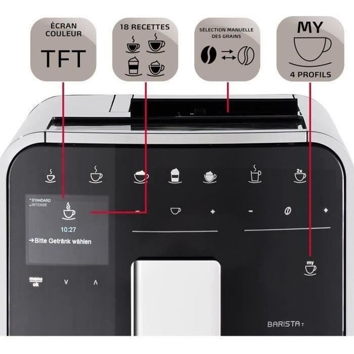 Control panel of a Barista T coffee machine with TFT display and feature icons.