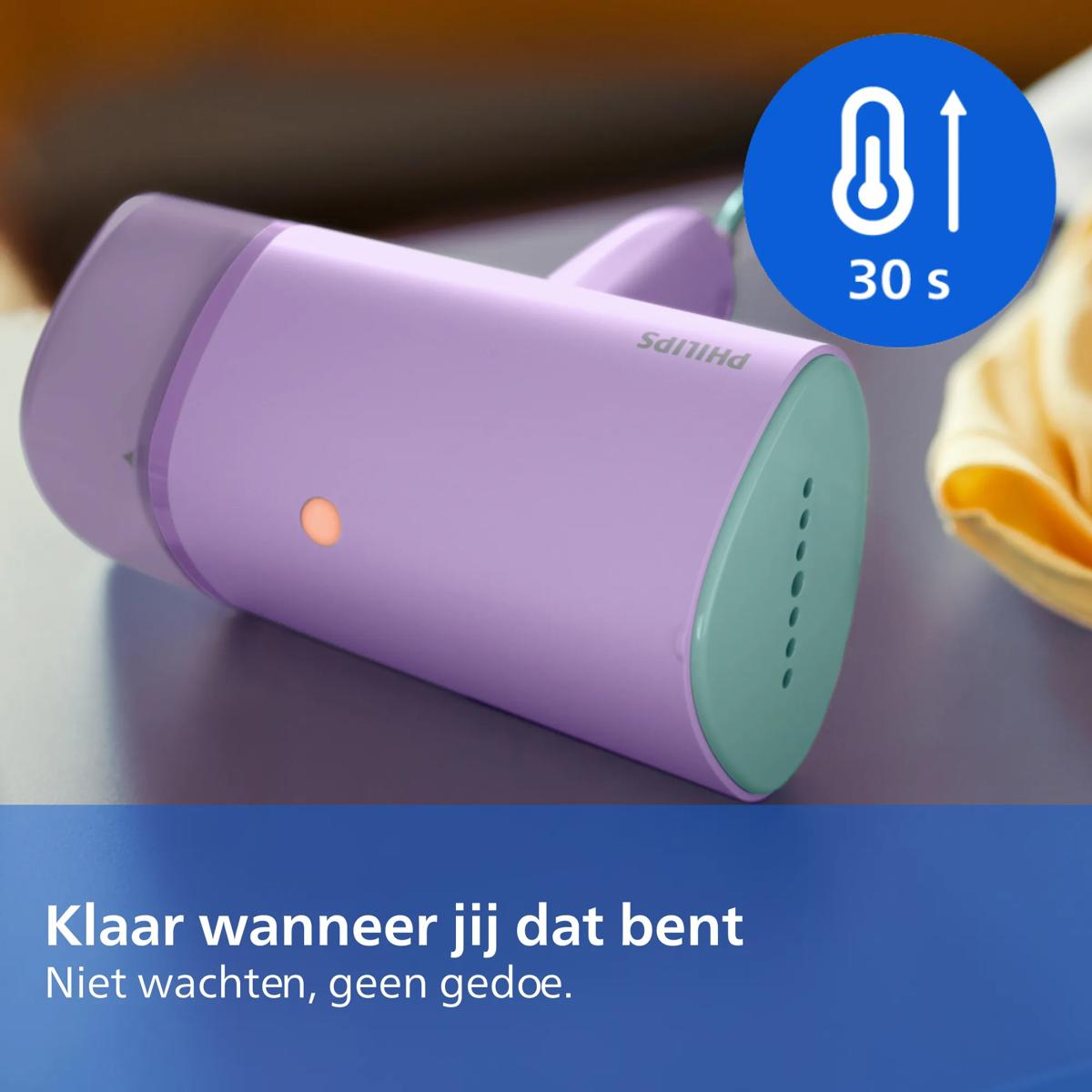 Un vaporizzatore per vestiti portatile viola Philips.
