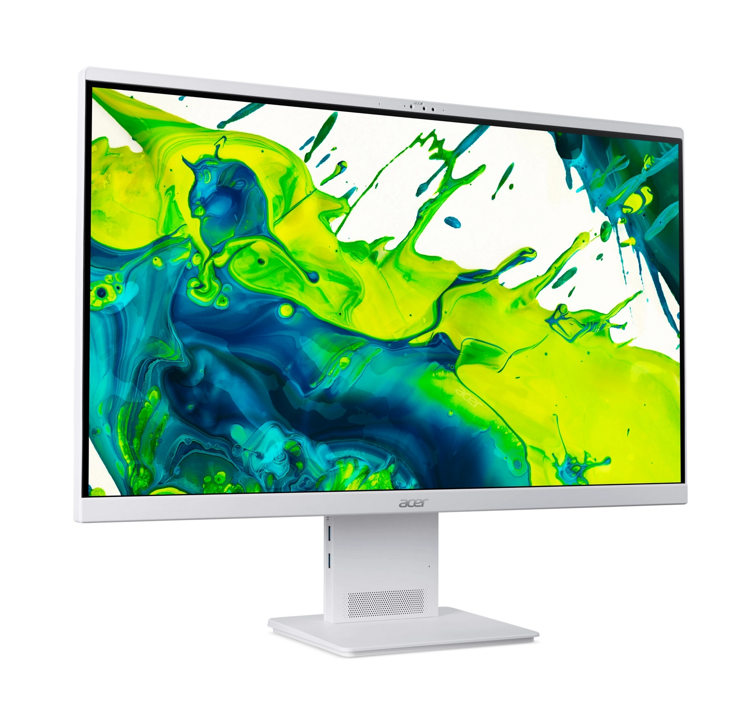 Un monitor Acer bianco che mostra uno sfondo con schizzi di vernice verde e blu.