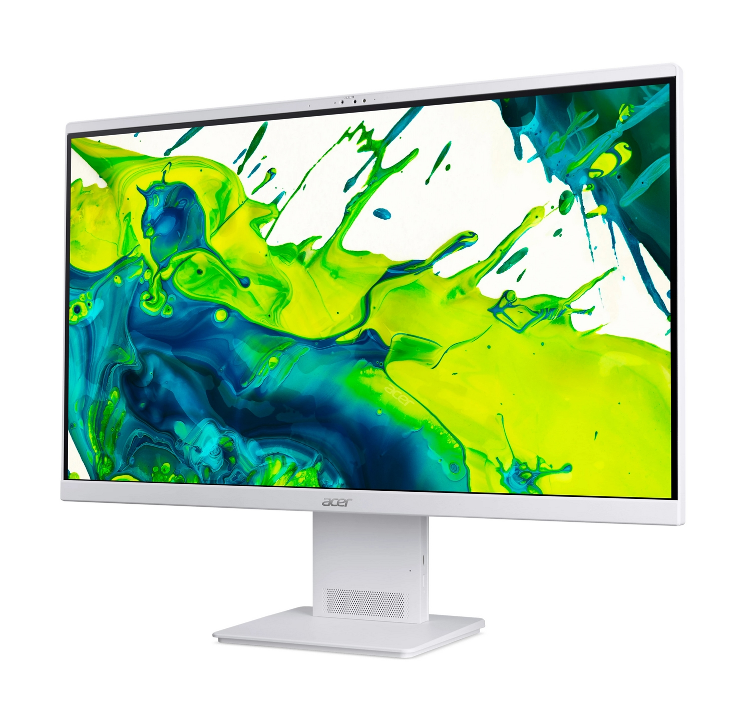 Un monitor bianco Acer mostra uno sfondo con schizzi di vernice verde e blu.