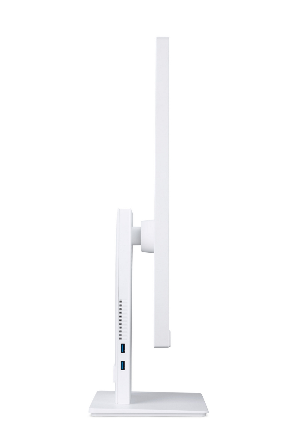 Vista laterale di un monitor bianco e sottile con porte USB sul supporto.