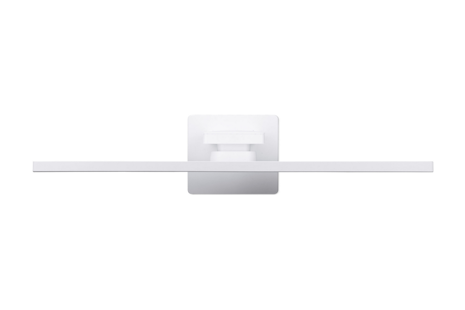 Una lampada da parete bianca e minimalista con base quadrata e una barra luminosa lunga e sottile.