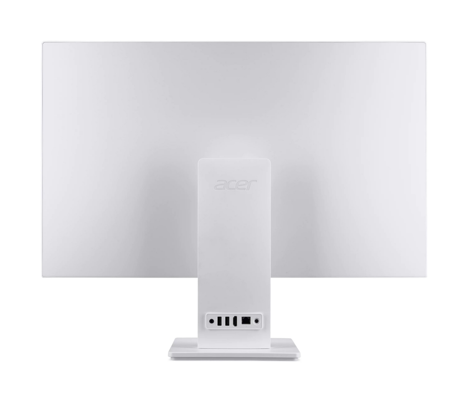 Vista posteriore di un monitor Acer bianco con supporto e porte visibili.