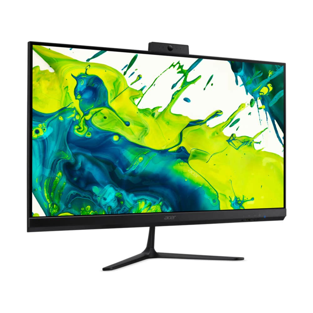 Monitor Acer con elegante supporto e grafica astratta colorata sul display su uno sfondo bianco.