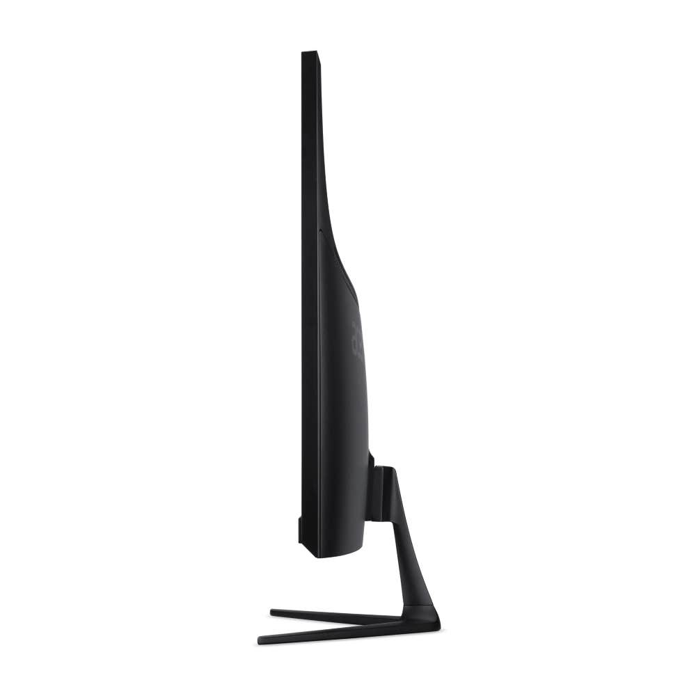 Vista laterale di un monitor per computer nero su un supporto sottile su sfondo bianco.
