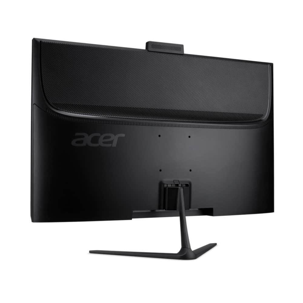 Vista posteriore di un monitor Acer nero con supporto su sfondo bianco.