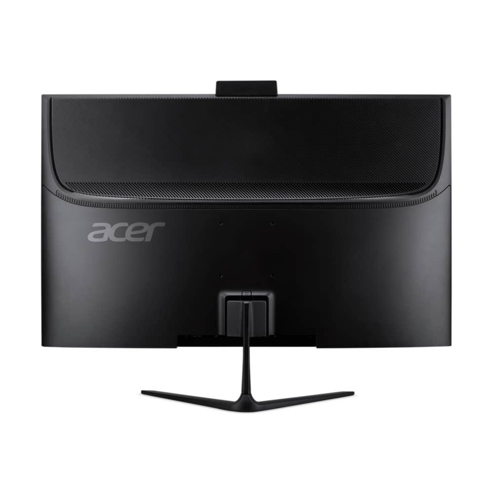 Vista posteriore di un monitor per computer Acer nero con supporto a V e pannello posteriore con texture su sfondo bianco.
