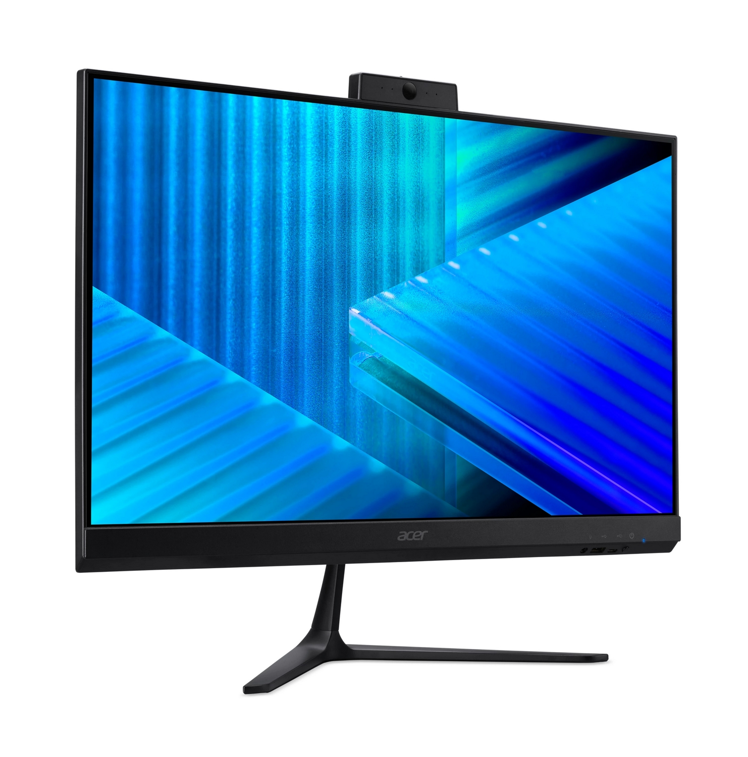 Un monitor Acer nero con sfondo blu astratto, supporto sottile e webcam.