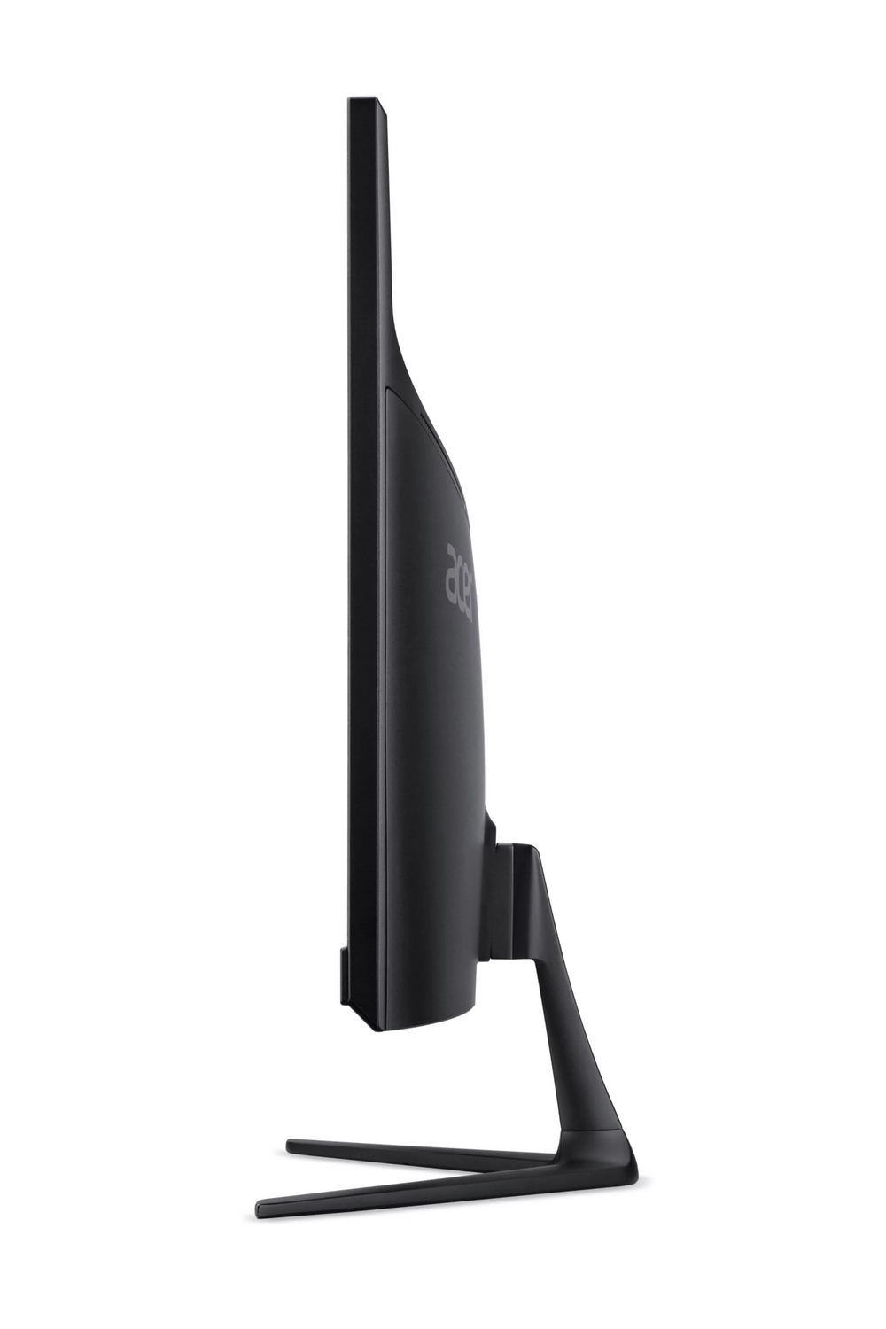 Vista laterale di un monitor Acer nero e sottile su supporto a V con sfondo bianco.