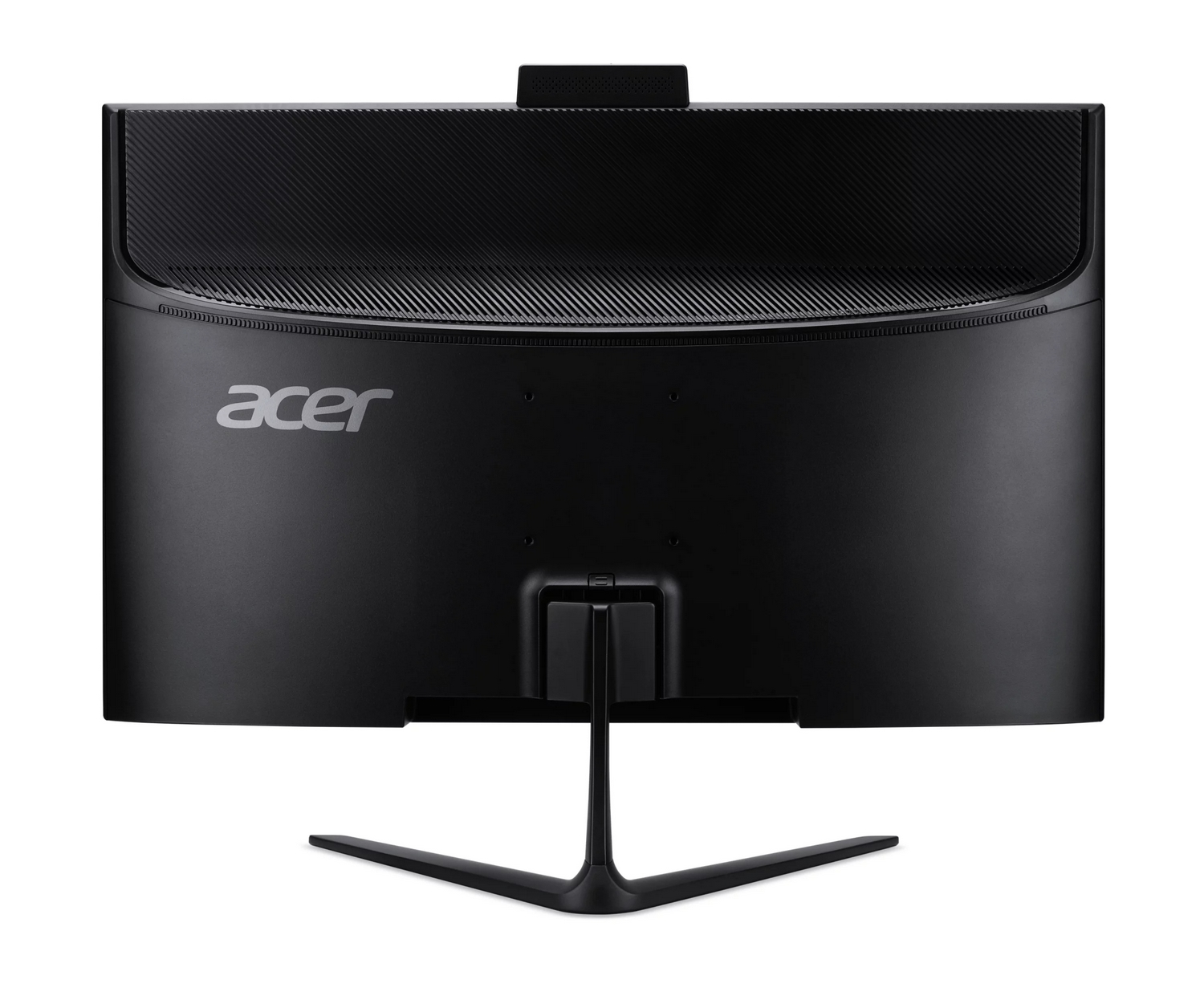 Vista posteriore di un monitor nero Acer su un supporto a V su sfondo bianco.