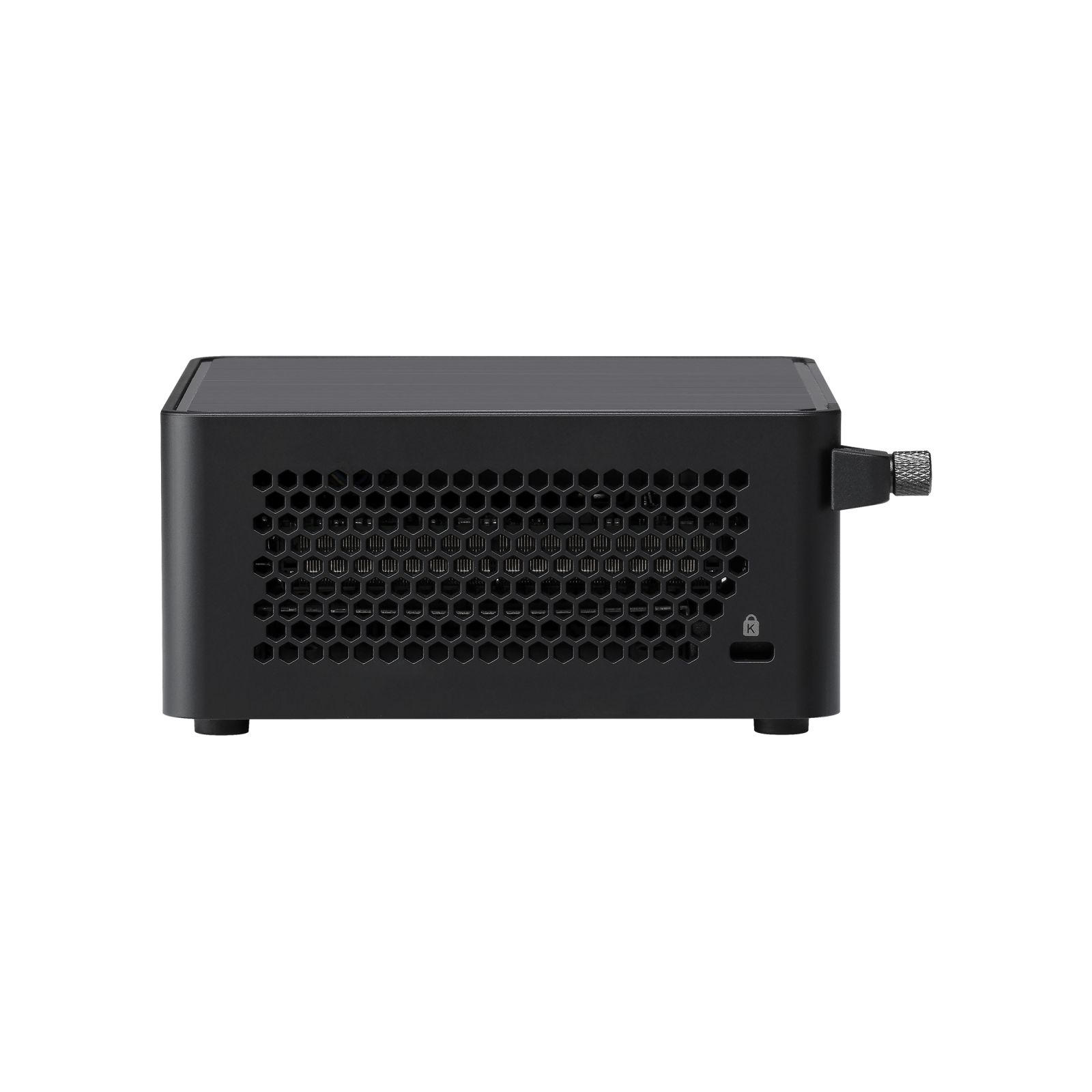 A black mini PC case featuring a honeycomb pattern grill and a lock icon on the front.