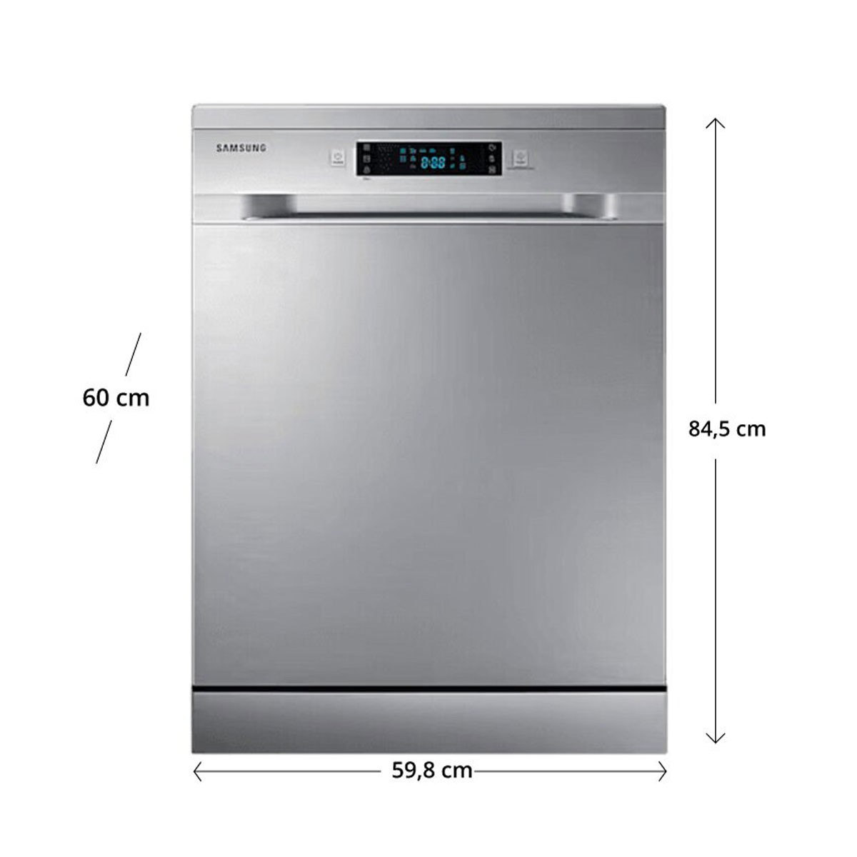 Una lavastoviglie Samsung argentata con dimensioni 60 cm di larghezza, 59.8 cm di profondità e 84.5 cm di altezza su sfondo bianco.