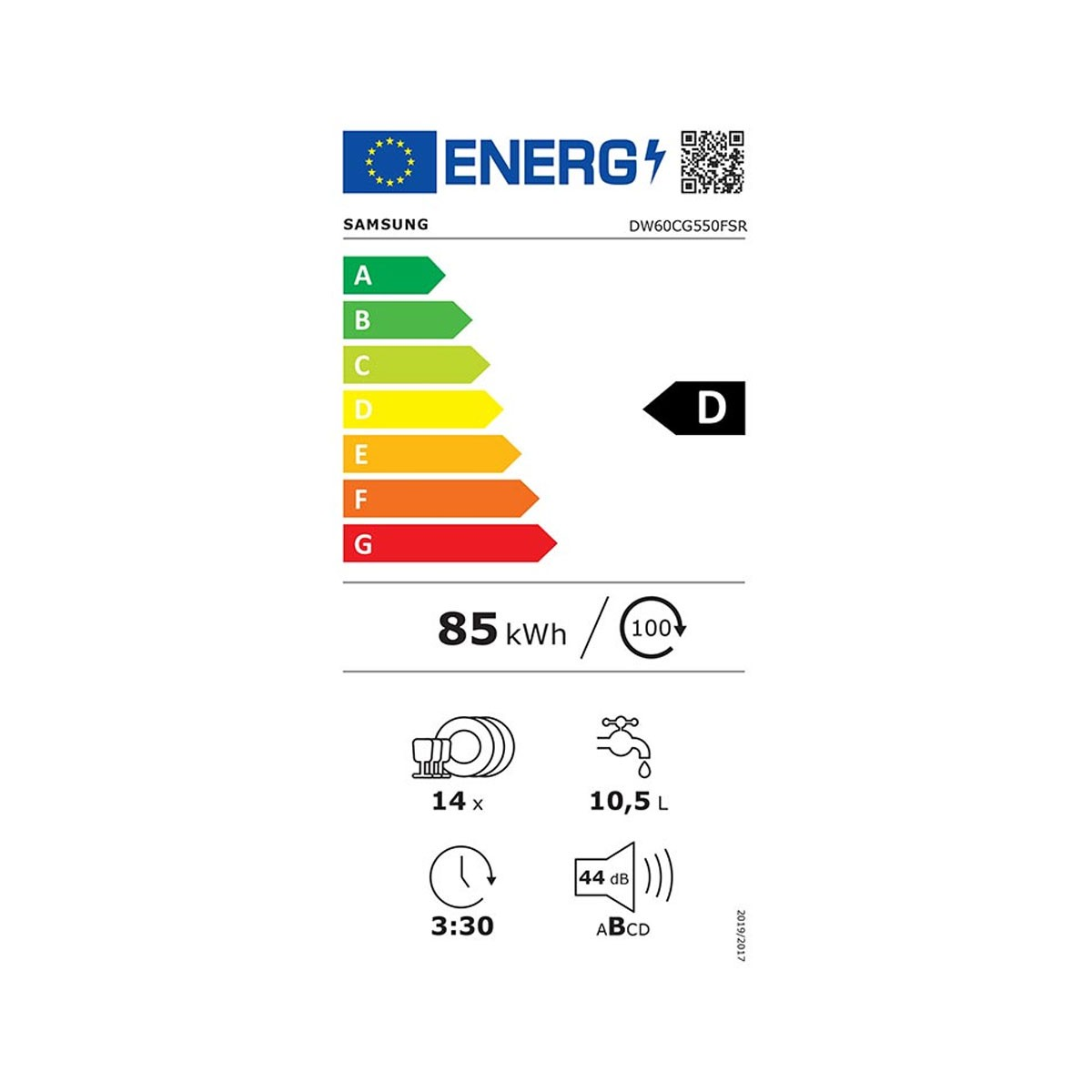 Etichetta energetica UE D Samsung per lavastoviglie con 85 kWh, 14 coperti, 10,5 L di acqua e 44 dB.