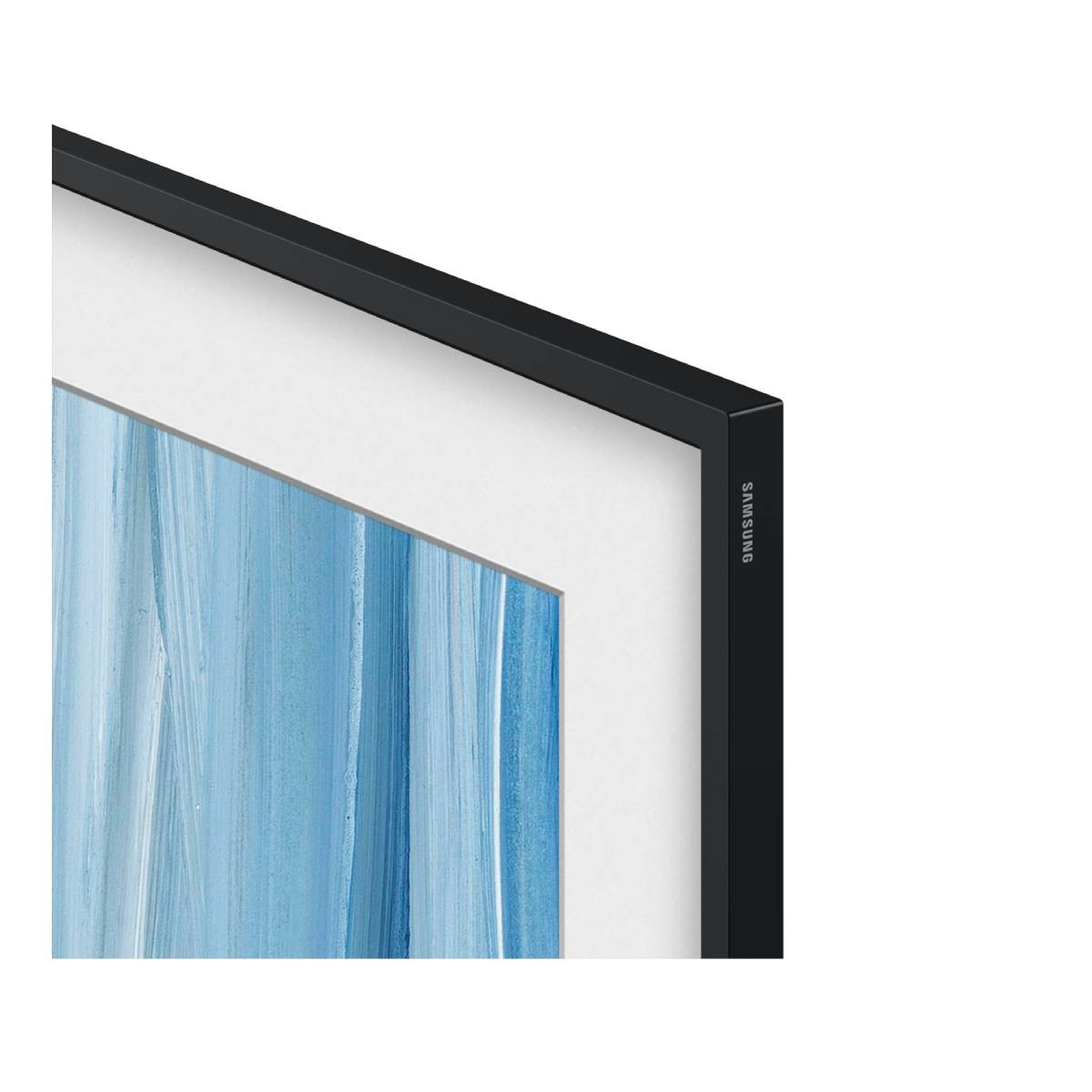 Primo piano della cornice superiore destra di una TV Samsung nera con arte blu.