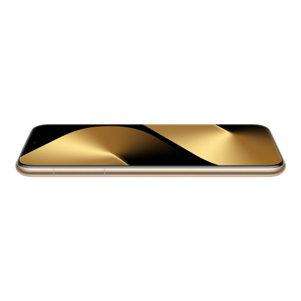 Ein goldenes Smartphone mit abgerundeten Kanten liegt flach auf einer weißen Oberfläche und zeigt ein abstraktes goldenes Display.