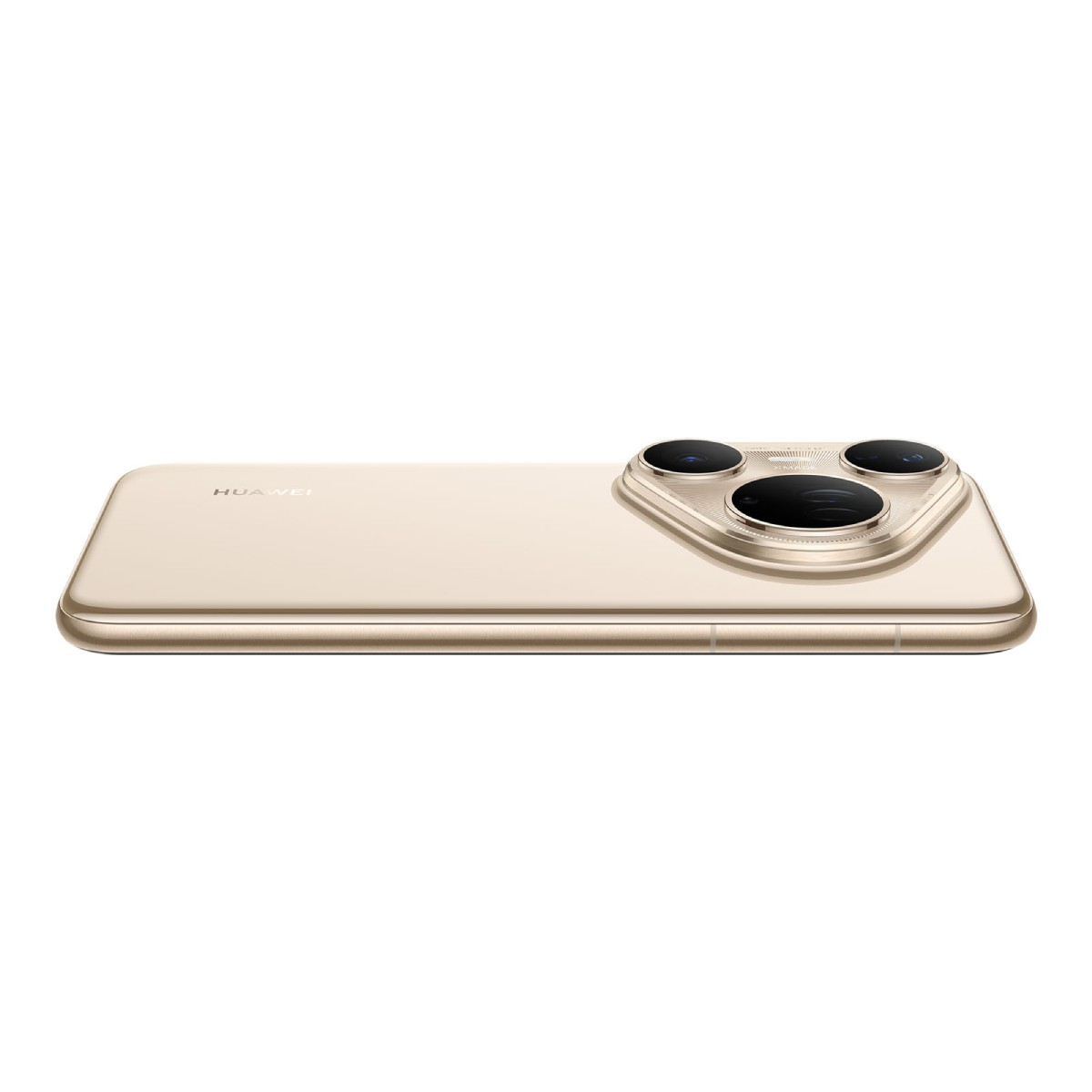Ein goldenes Huawei-Smartphone von hinten mit einem markanten dreieckigen Dreifach-Kameramodul.