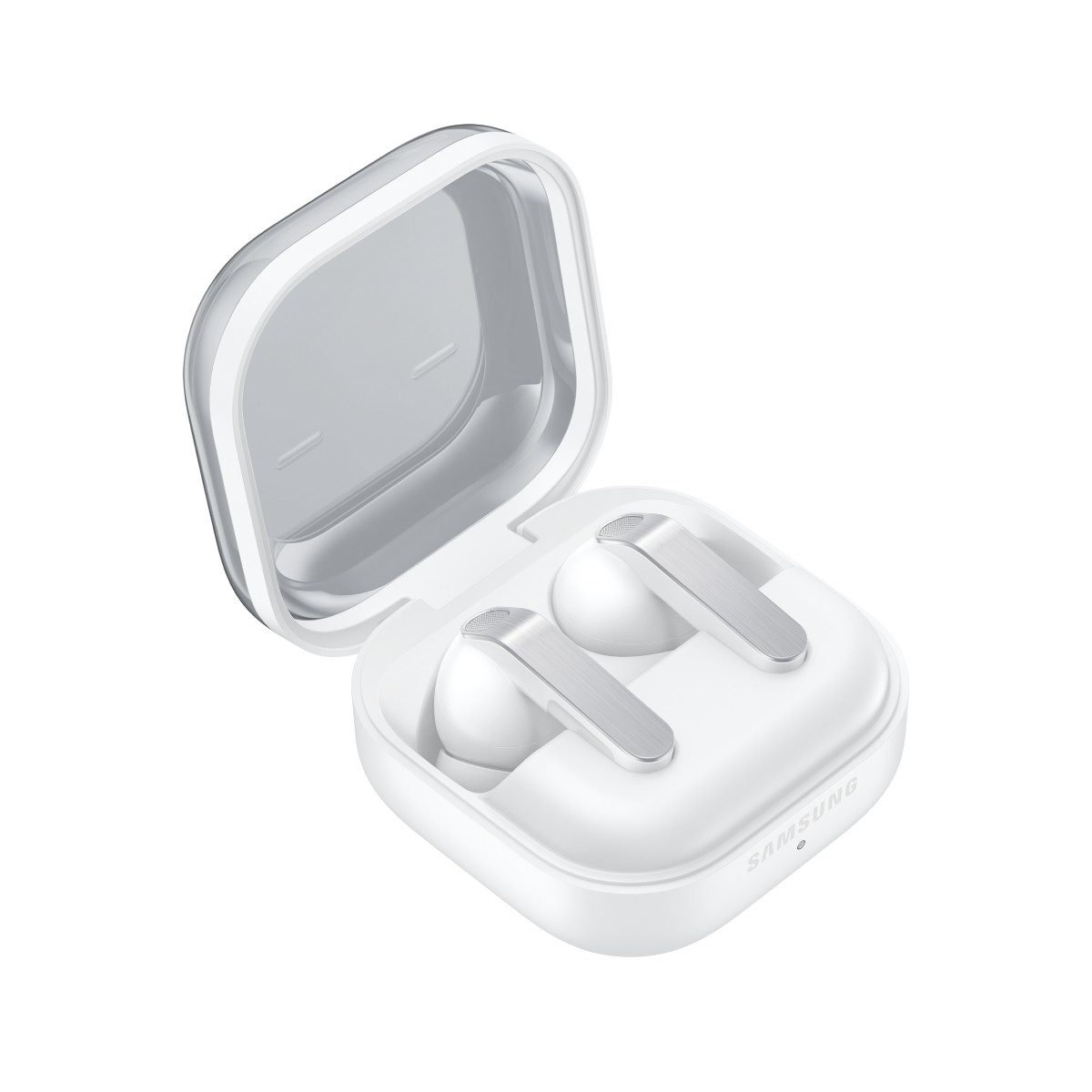 Auricolari Samsung Galaxy Buds bianchi in una custodia di ricarica quadrata aperta su sfondo bianco.