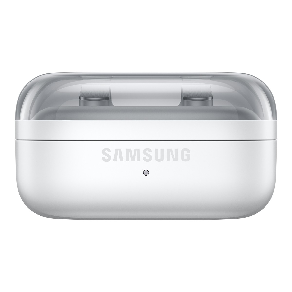 Custodia di ricarica per auricolari Samsung bianca con coperchio trasparente.
